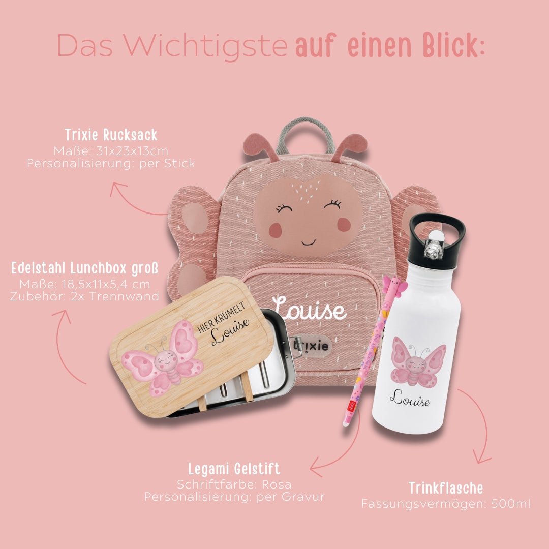 Starter - Geschenkset "Schmetterling" personalisiert: Rucksack, Lunchbox, Flasche, Stift - wunderwunsch