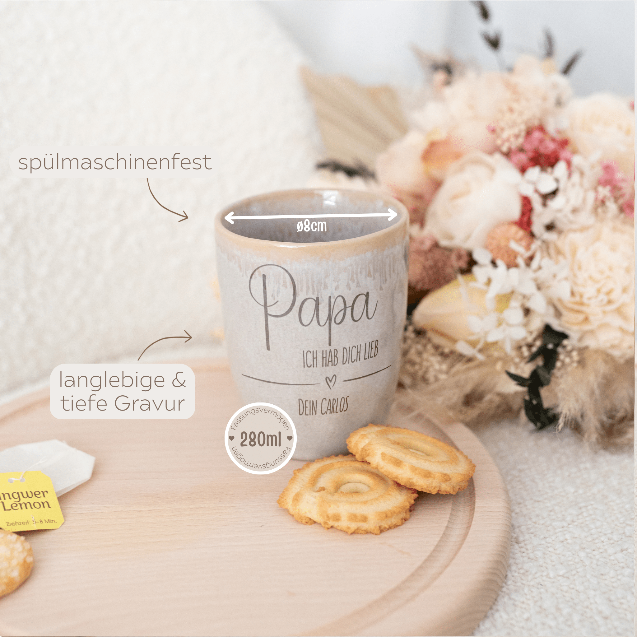 Steingut Becher sand personalisiert - Lieb haben - wunderwunsch