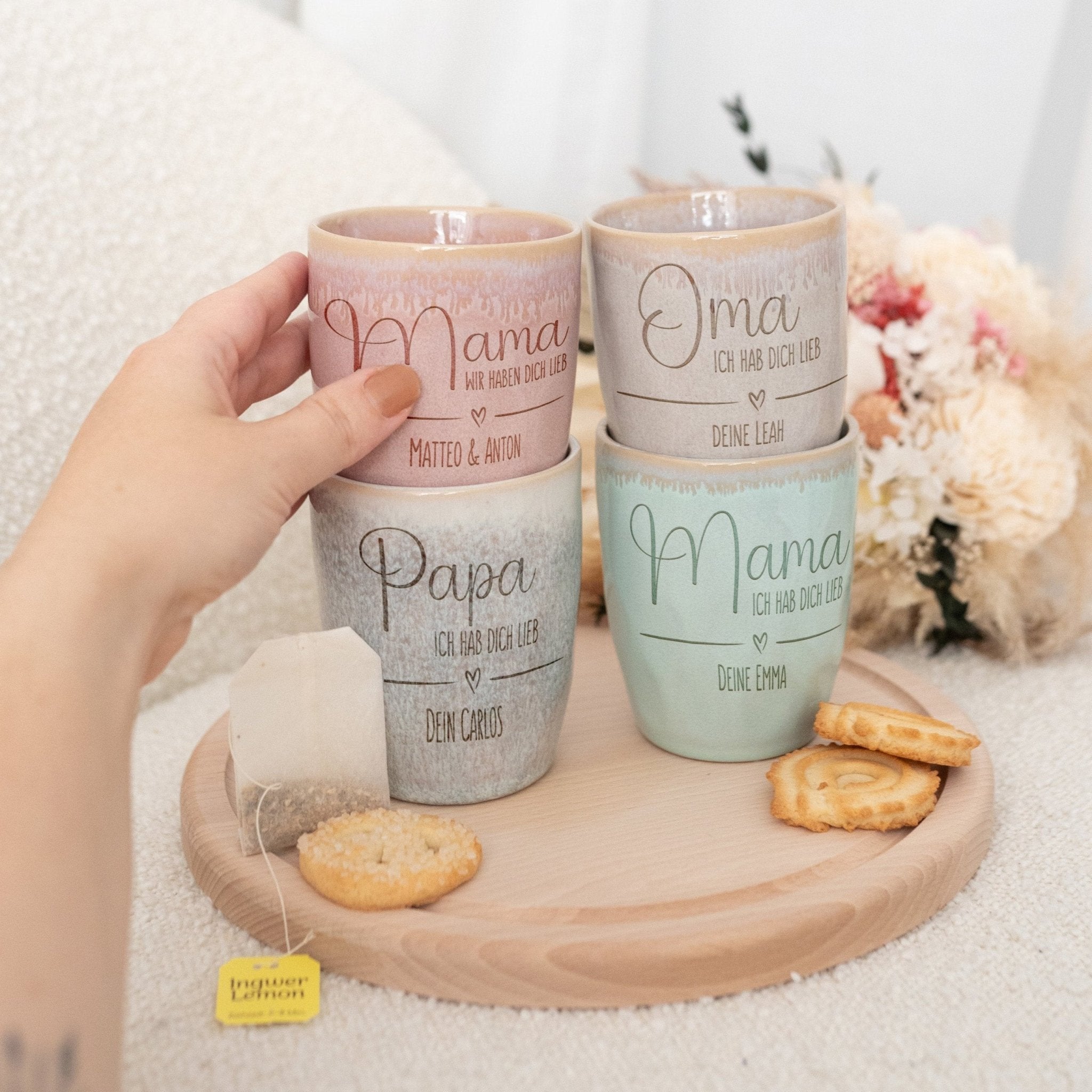 Steingut Becher sand personalisiert - Lieb haben - wunderwunsch