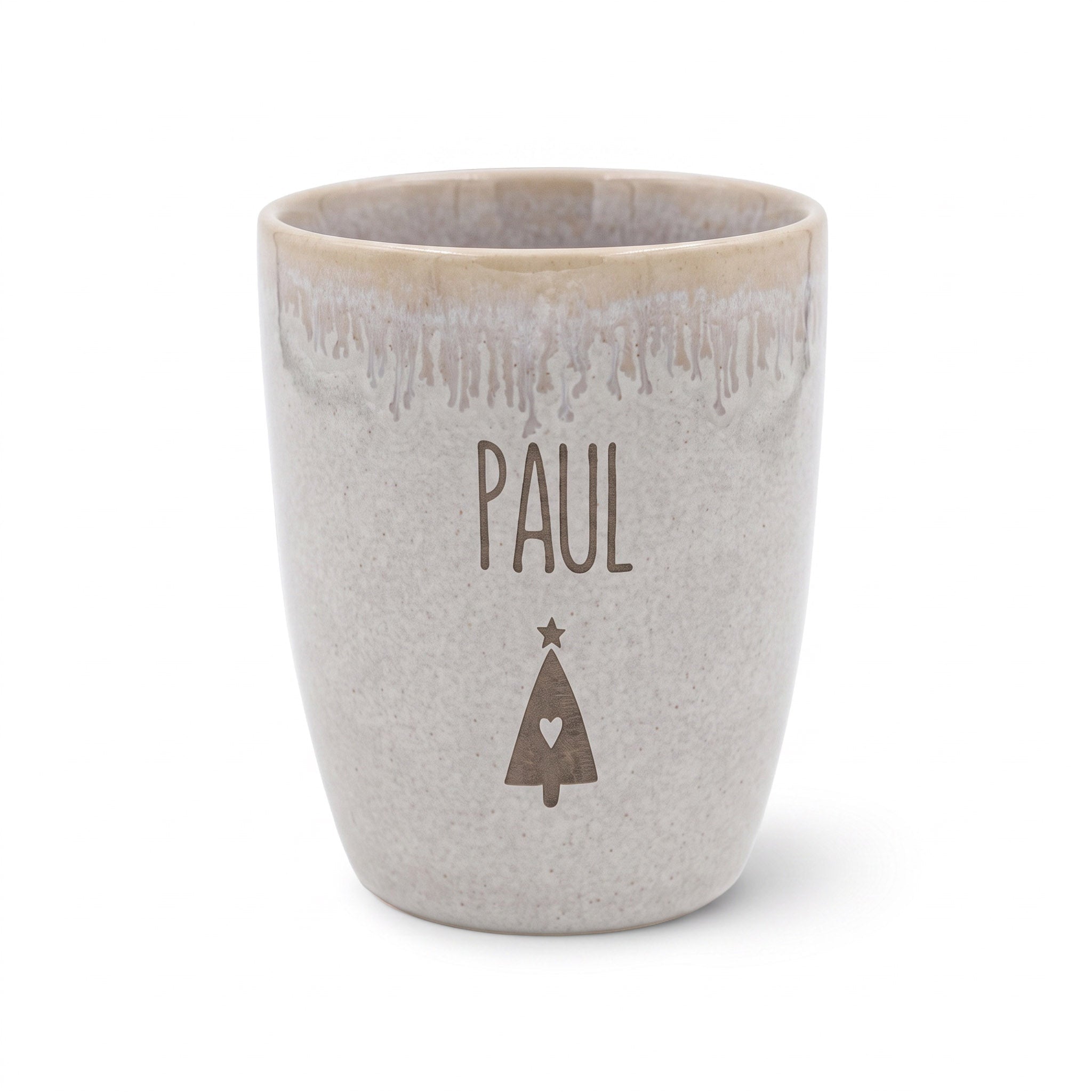 Steingut Becher sand personalisiert - Name Weihnachtsbaum - wunderwunsch