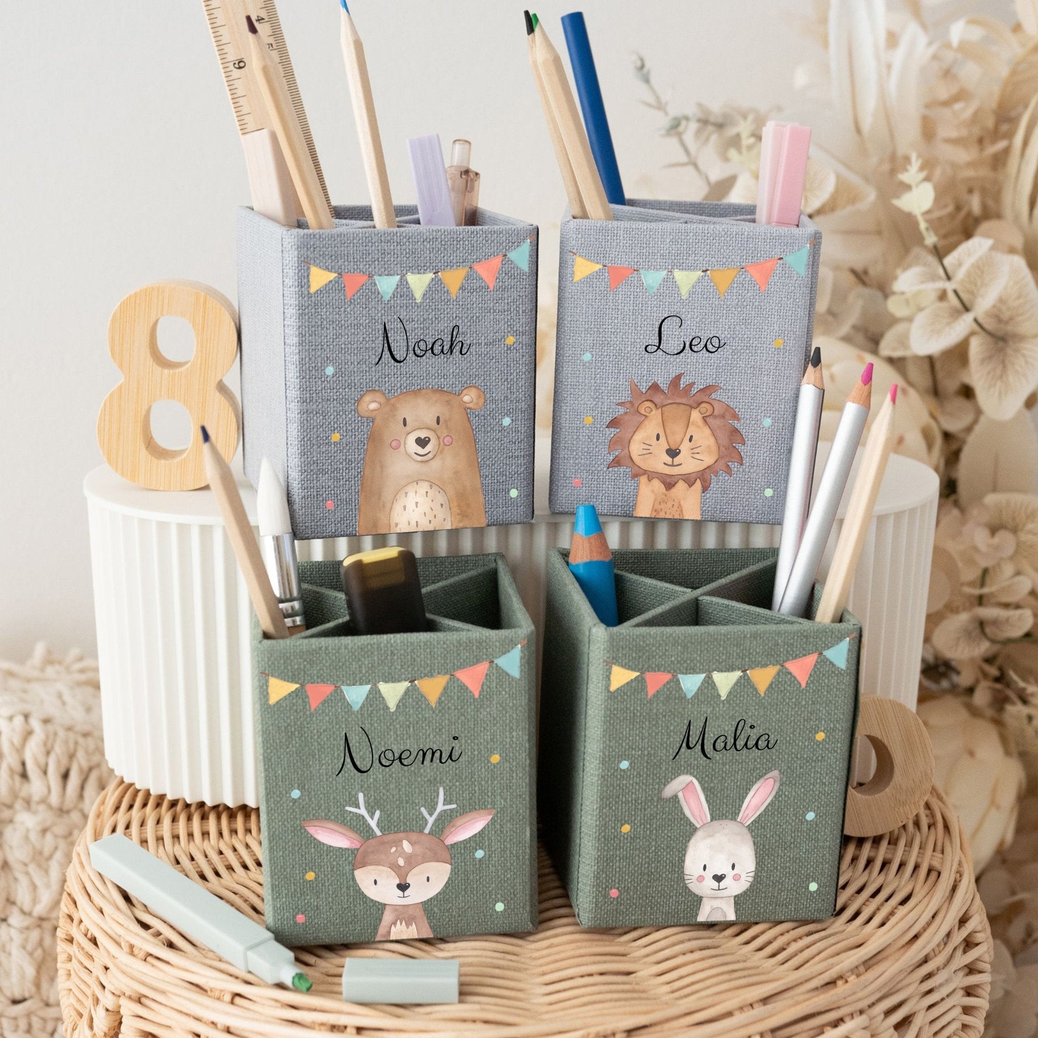 Stiftebecher Canvas personalisiert - Tier Girlande Aquarell - wunderwunsch