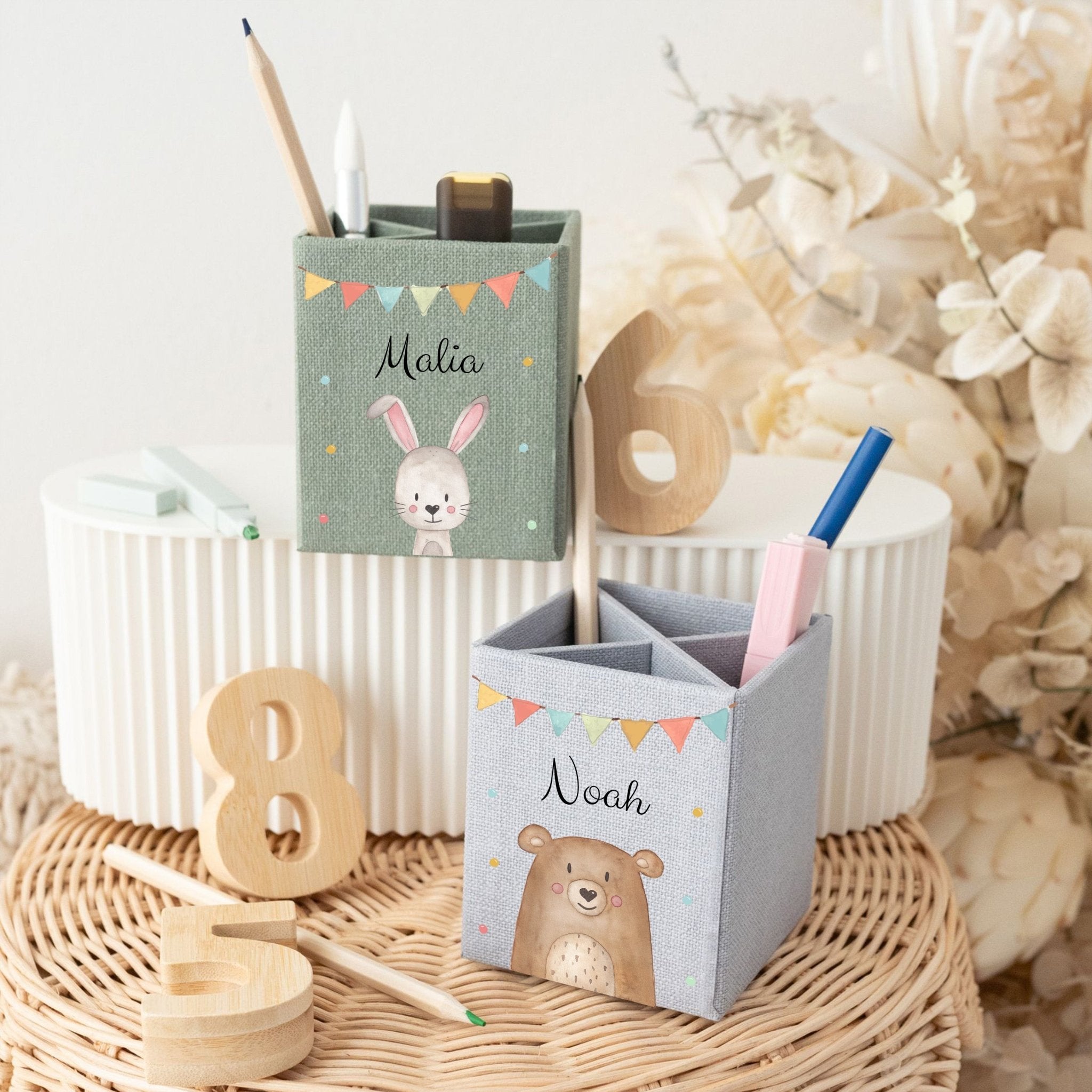 Stiftebecher Canvas personalisiert - Tier Girlande Aquarell - wunderwunsch