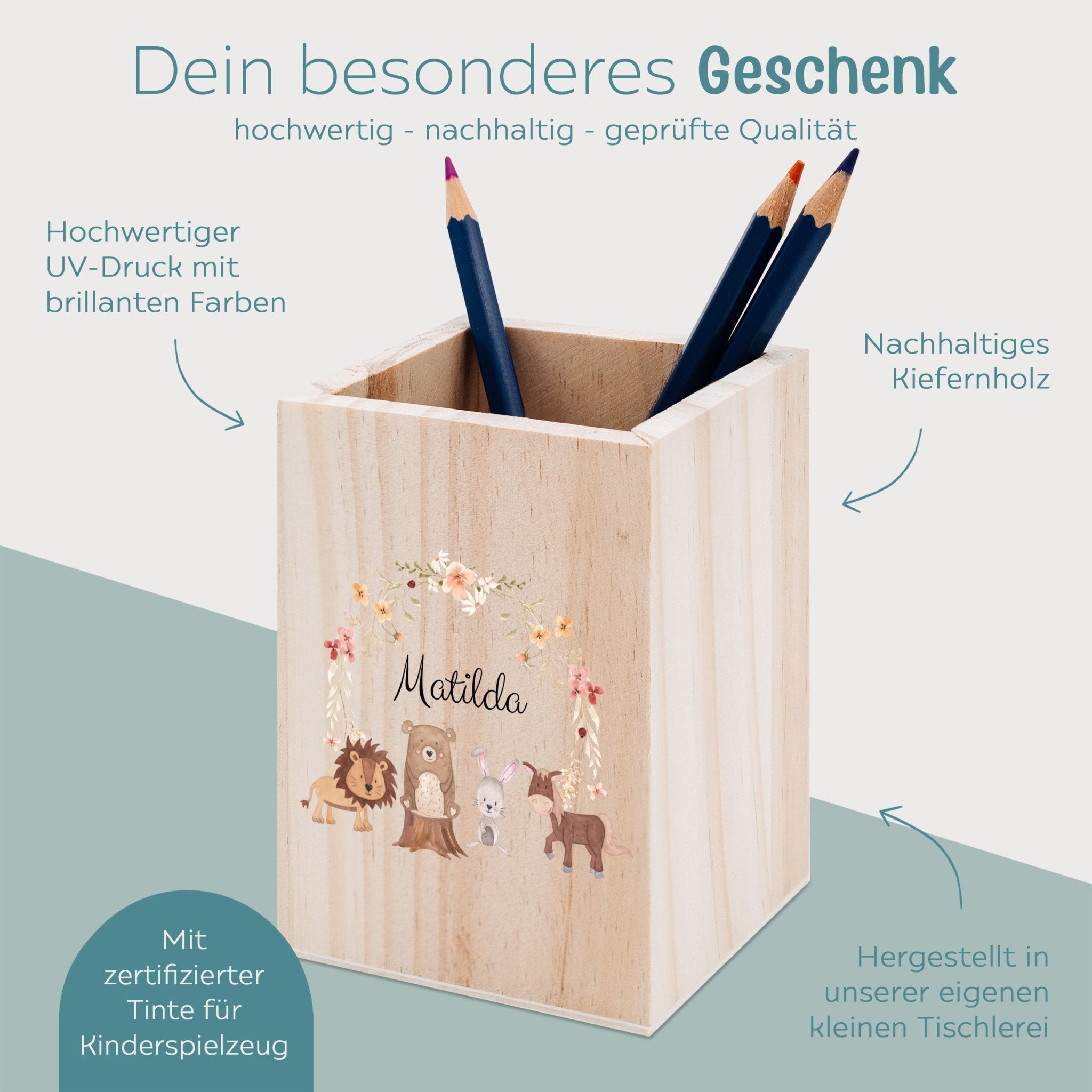 Stiftebecher Holz personalisiert - Blumen Tiere Aquarell - wunderwunsch