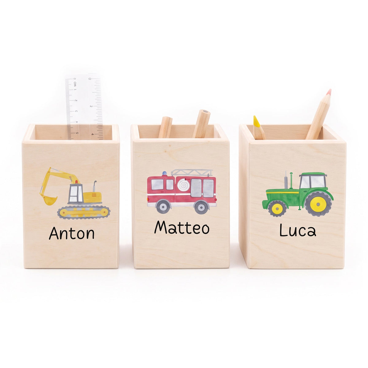 Stiftebecher Holz personalisiert - Fahrzeug Aquarell - wunderwunsch