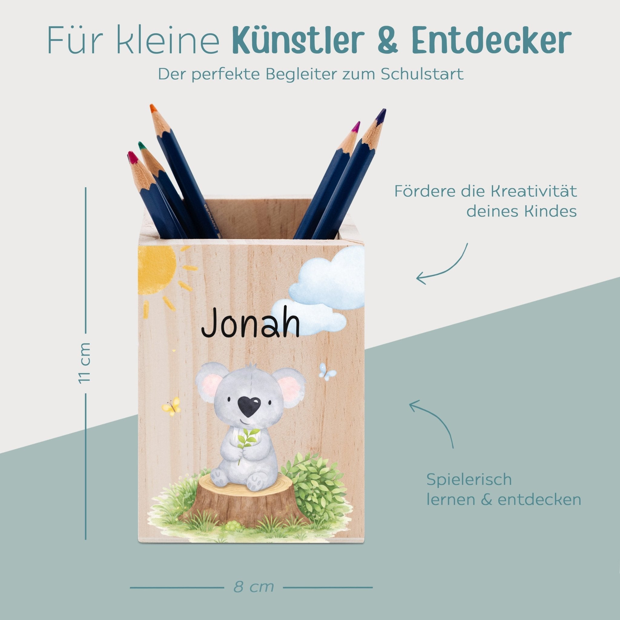 Stiftebecher Holz personalisiert - Ganzkörper Tier Aquarell - wunderwunsch