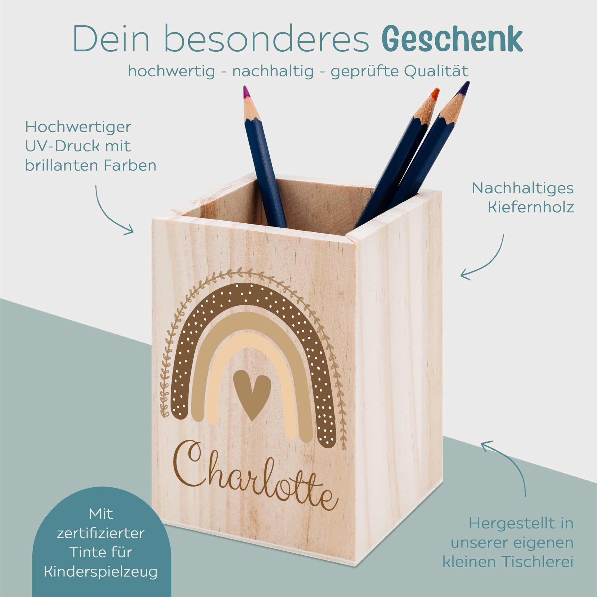 Stiftebecher Holz personalisiert - Regenbogen beige Aquarell - wunderwunsch