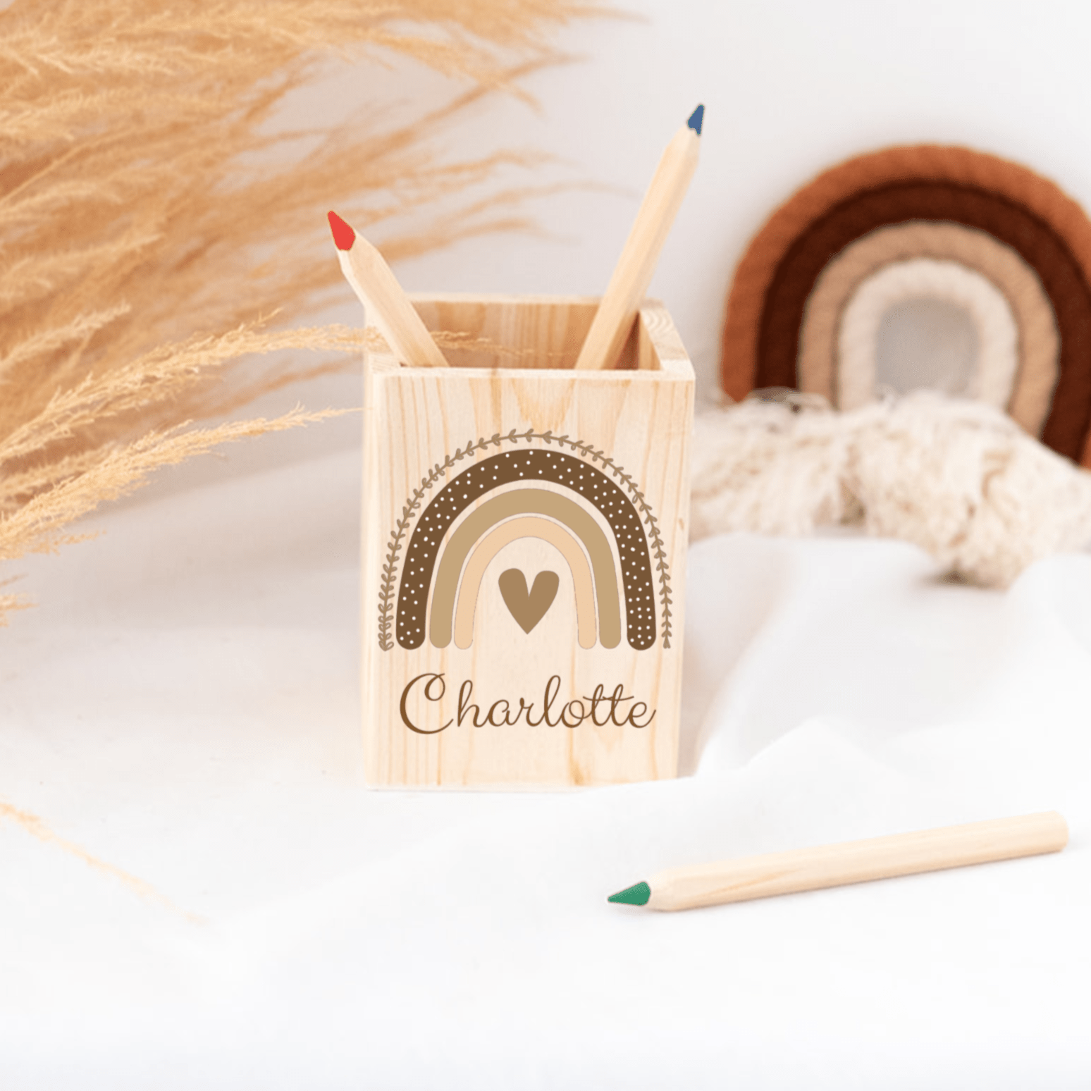 Stiftebecher Holz personalisiert - Regenbogen Boho beige Aquarell - wunderwunsch