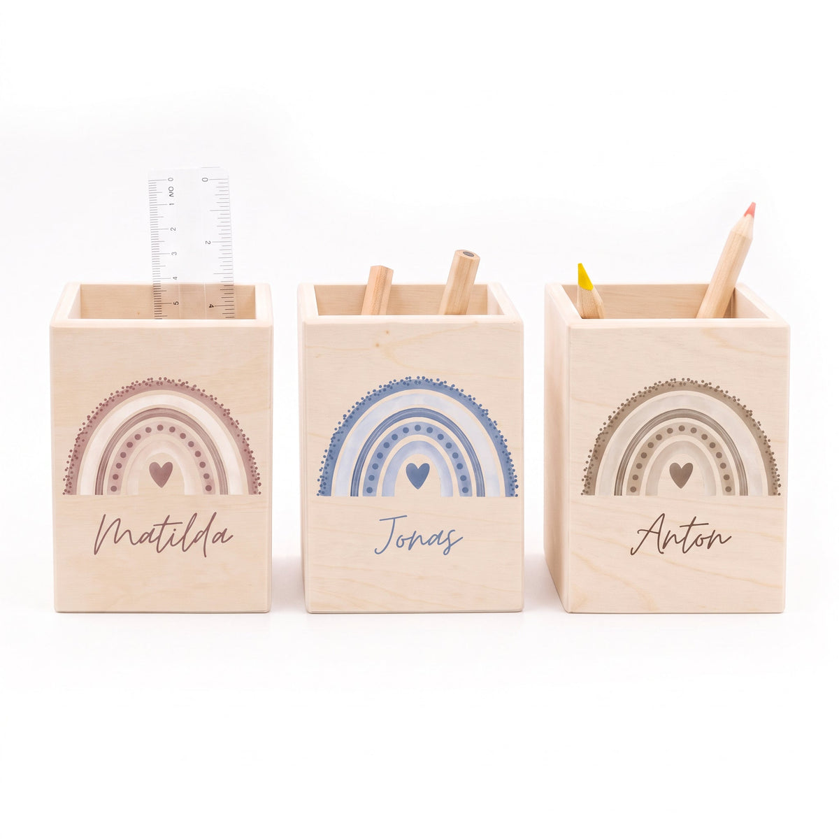 Stiftebecher Holz personalisiert - Regenbogen Punkte Aquarell - wunderwunsch