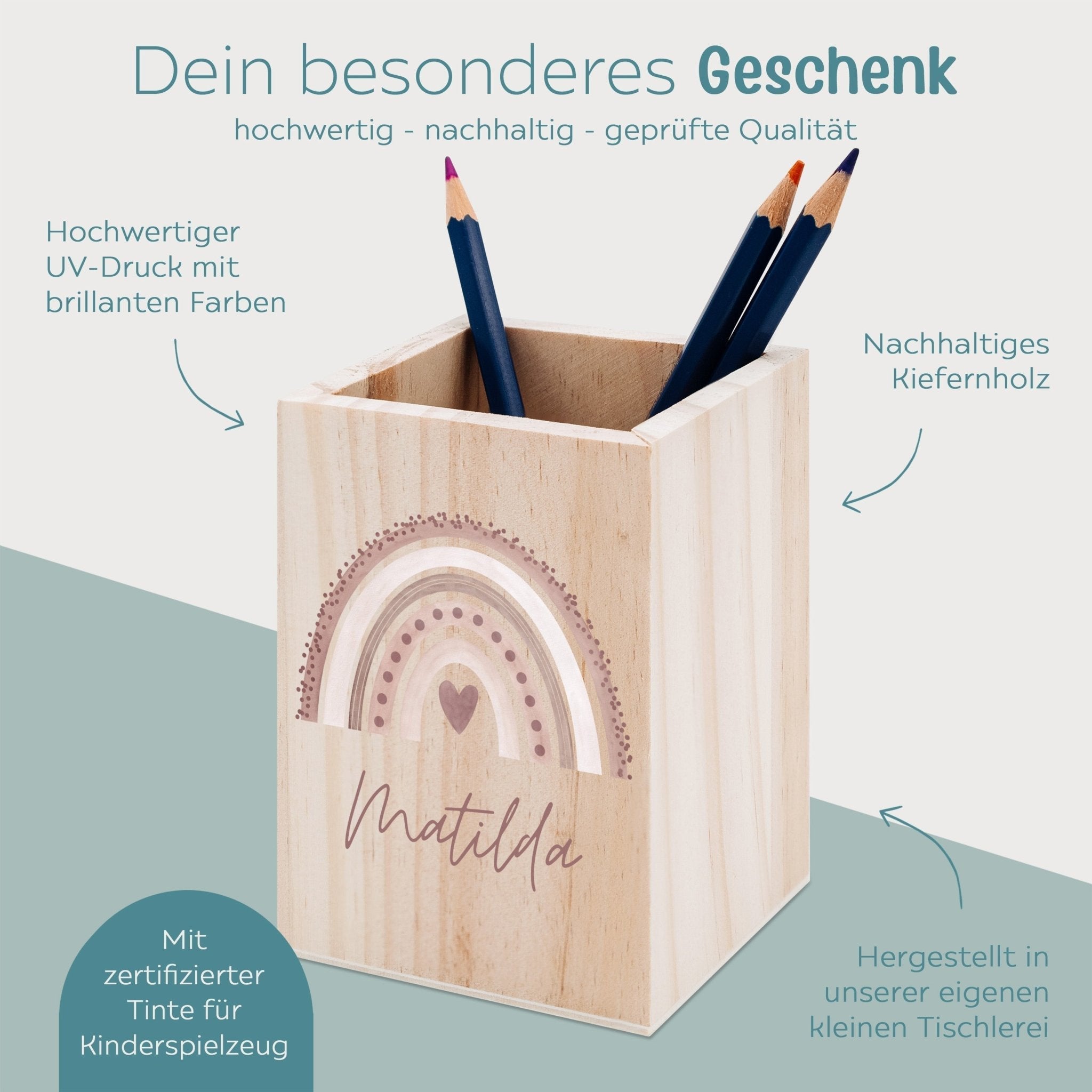 Stiftebecher Holz personalisiert - Regenbogen Punkte Aquarell - wunderwunsch
