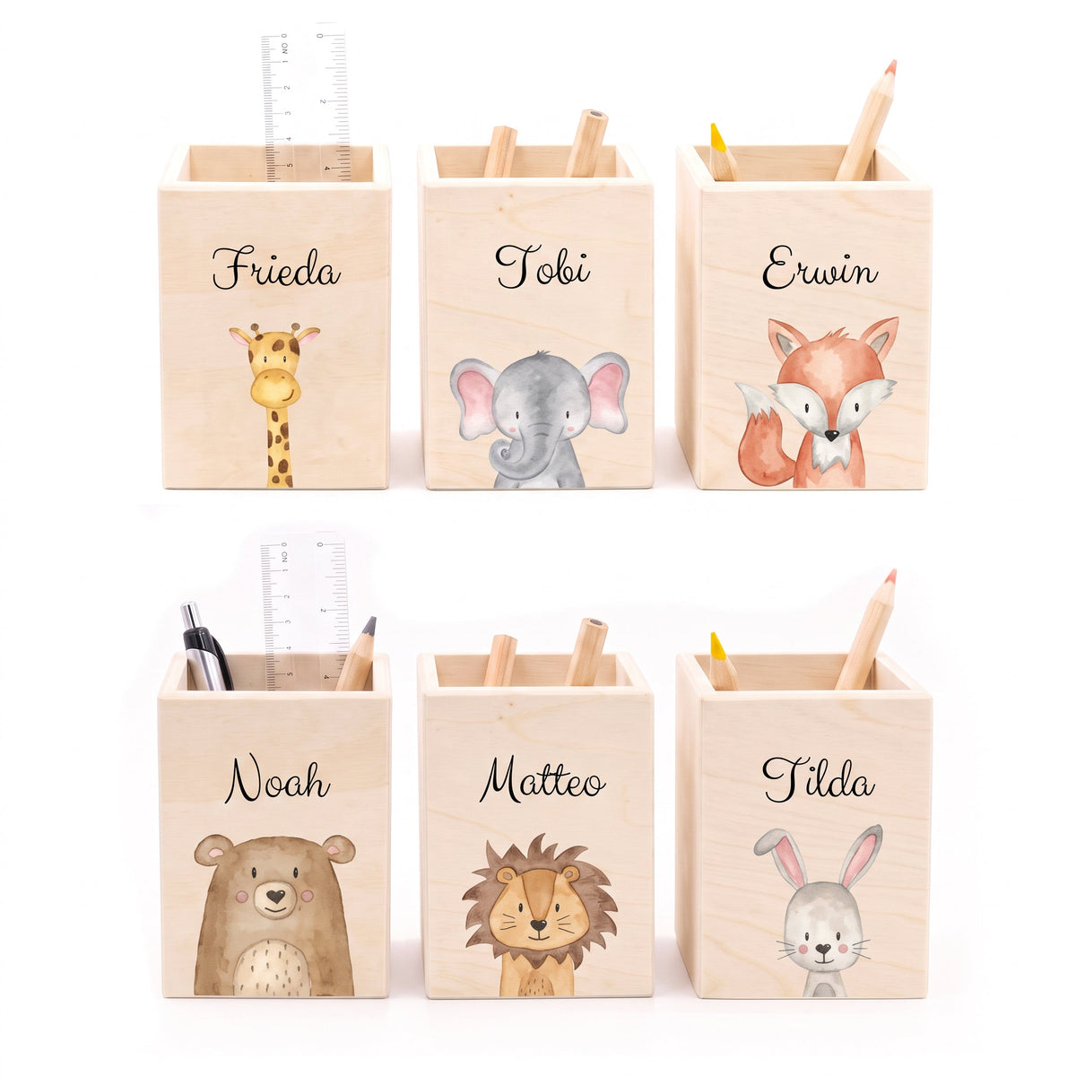 Stiftebecher Holz personalisiert - Tier Aquarell - wunderwunsch