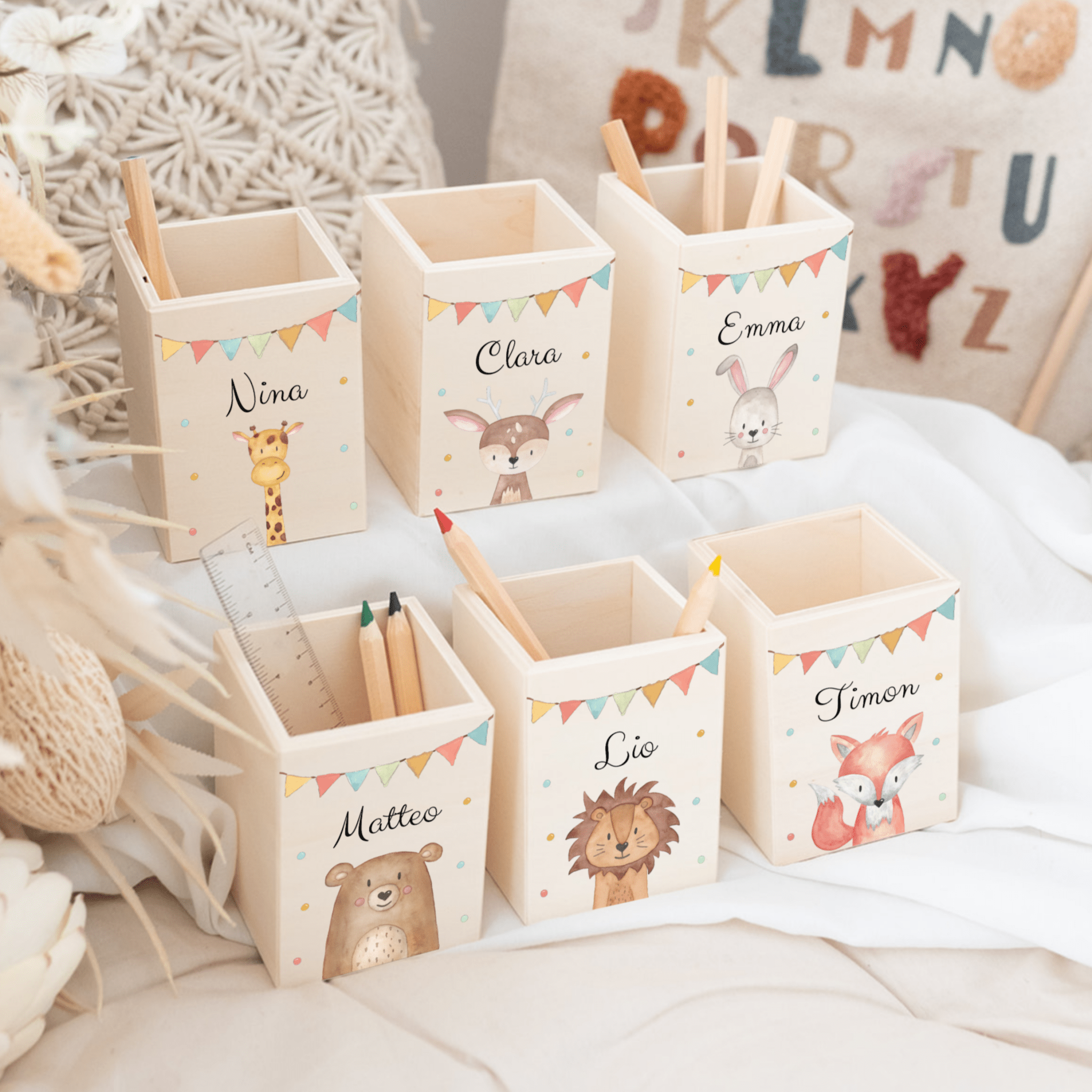 Stiftebecher Holz personalisiert - Tier Girlande Aquarell - wunderwunsch