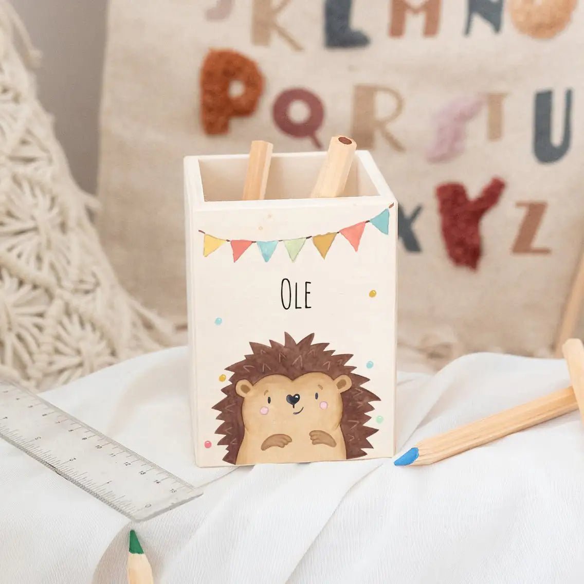 Stiftebecher Holz personalisiert - Tier Girlande Aquarell - wunderwunsch