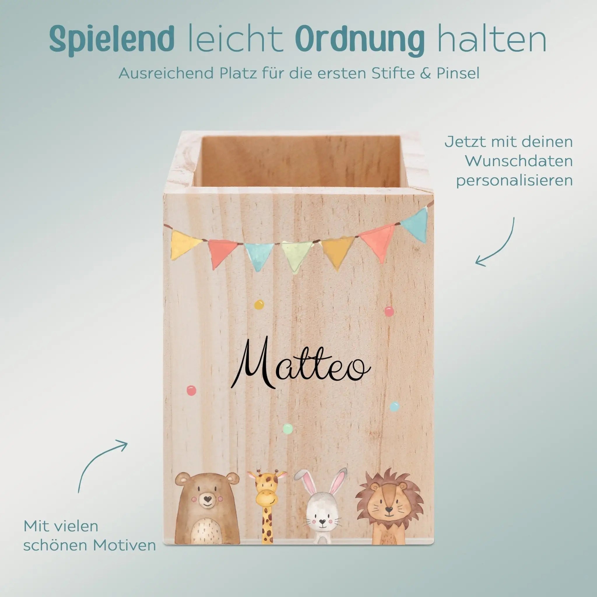 Stiftebecher Holz personalisiert - Tiere oder Dinos Girlande Aquarell - wunderwunsch