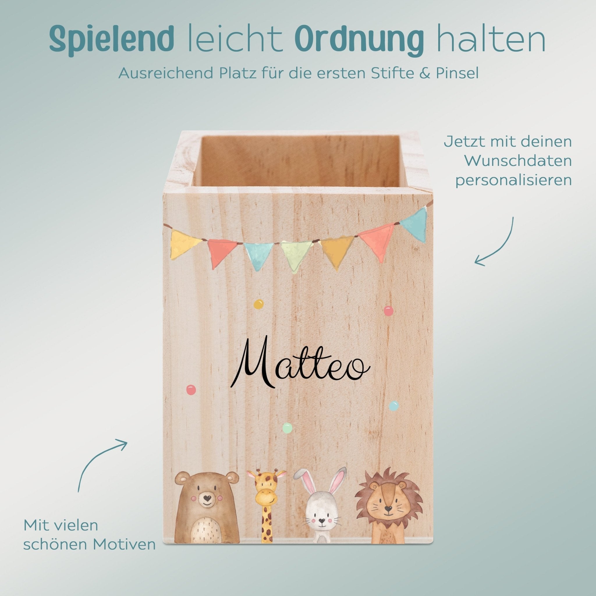 Stiftebecher Holz personalisiert - Tiere oder Dinos Girlande Aquarell - wunderwunsch