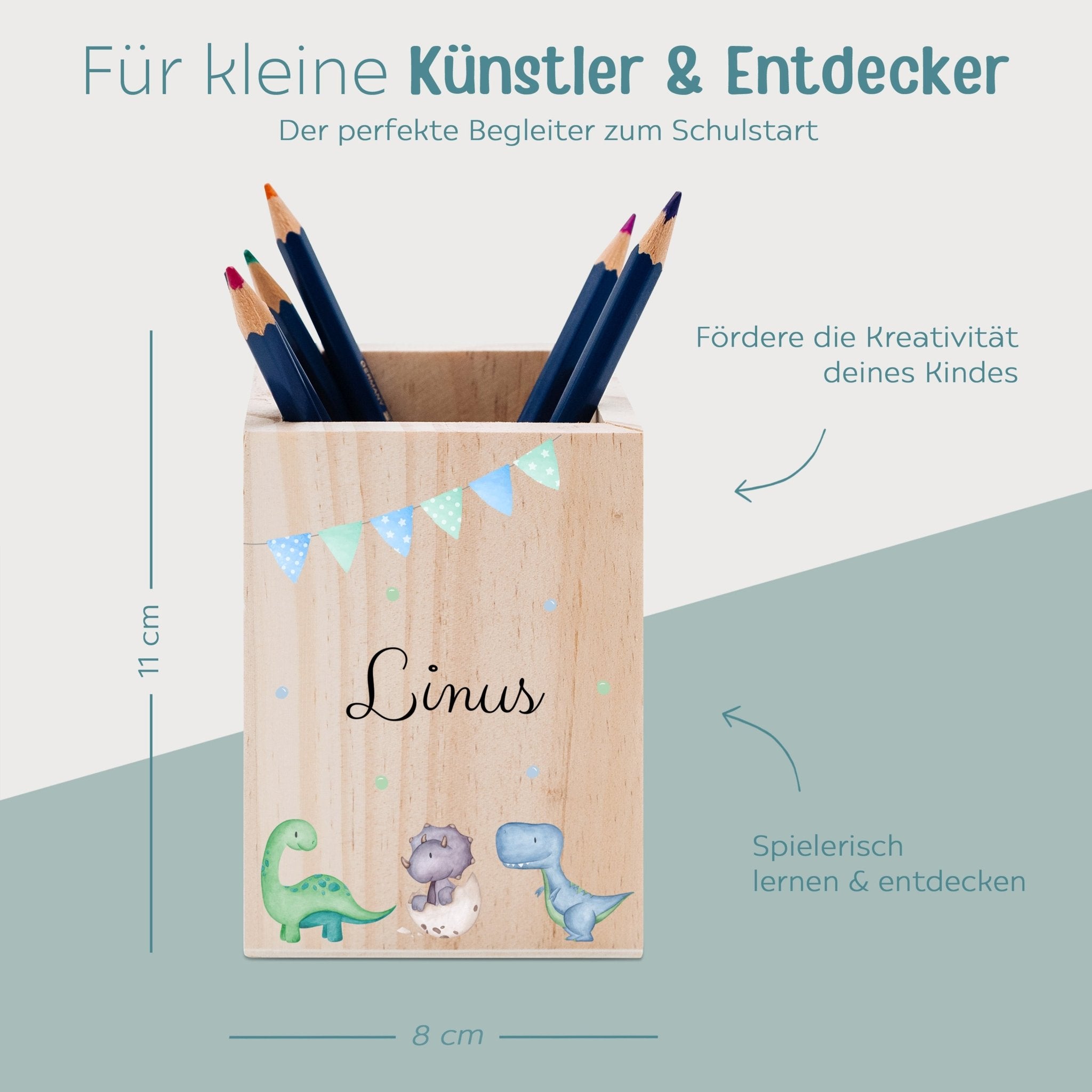 Stiftebecher Holz personalisiert - Tiere oder Dinos Girlande Aquarell - wunderwunsch