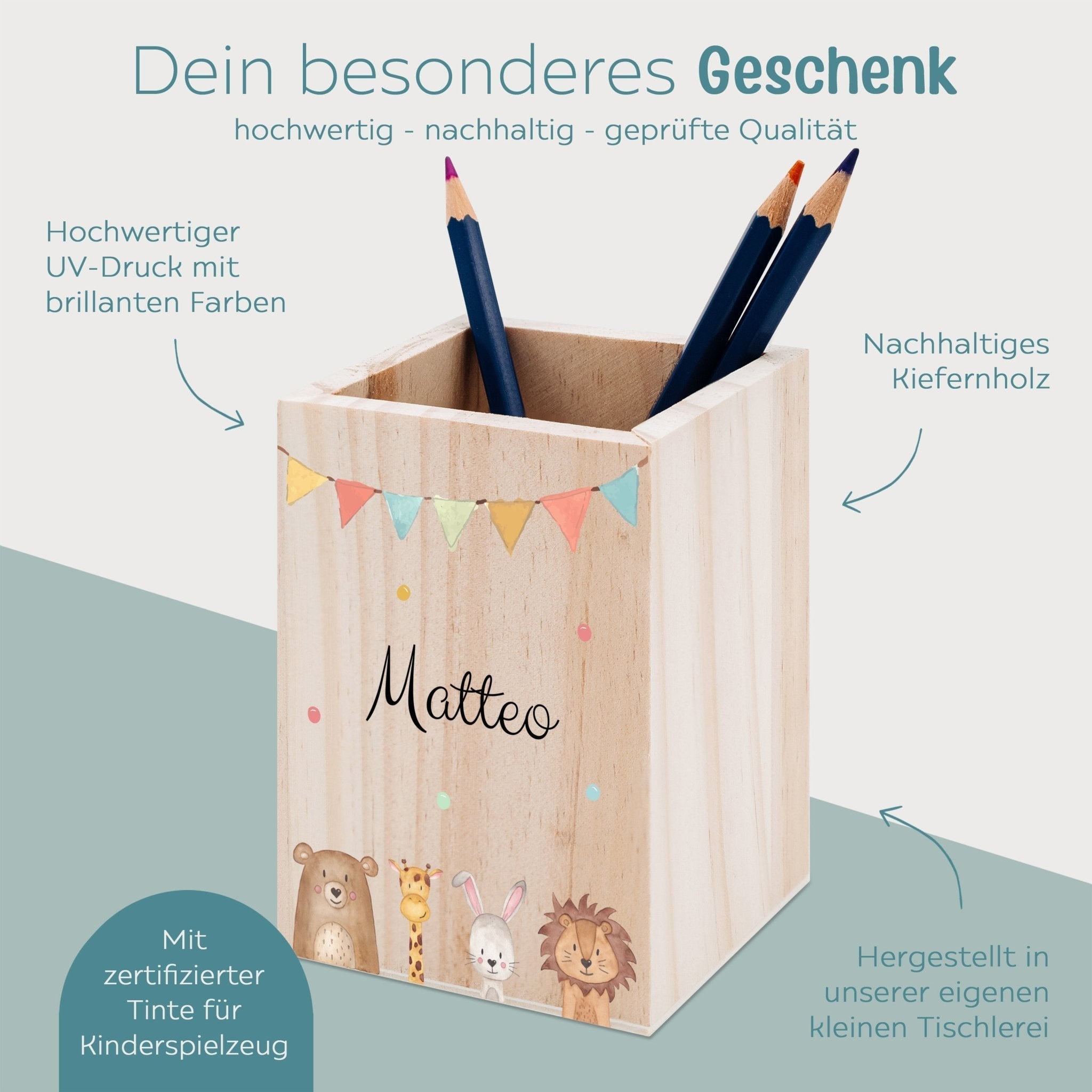 Stiftebecher Holz personalisiert - Tiere oder Dinos Girlande Aquarell - wunderwunsch