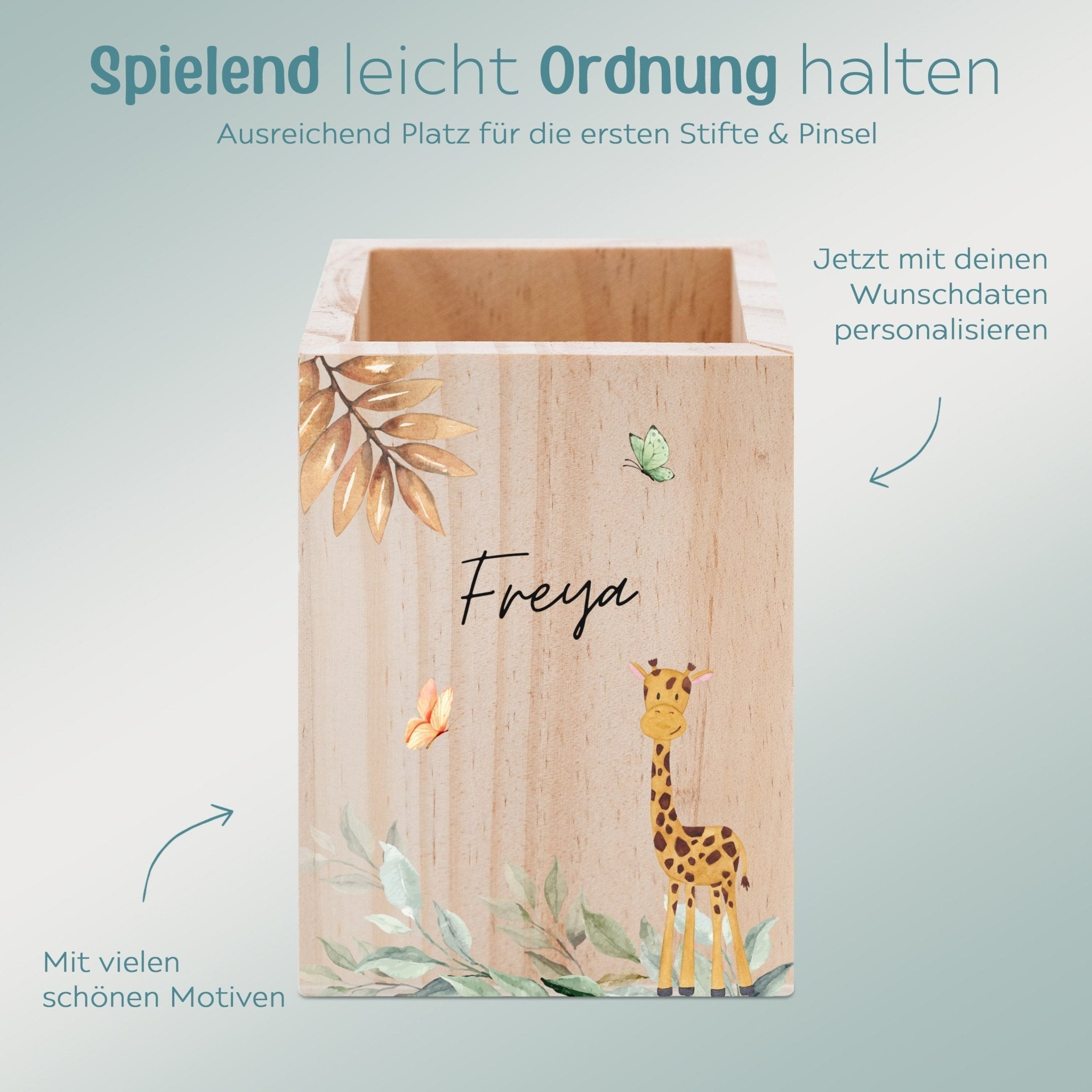 Stiftebecher Holz personalisiert - Tierischer Gartenzauber Aquarell - wunderwunsch