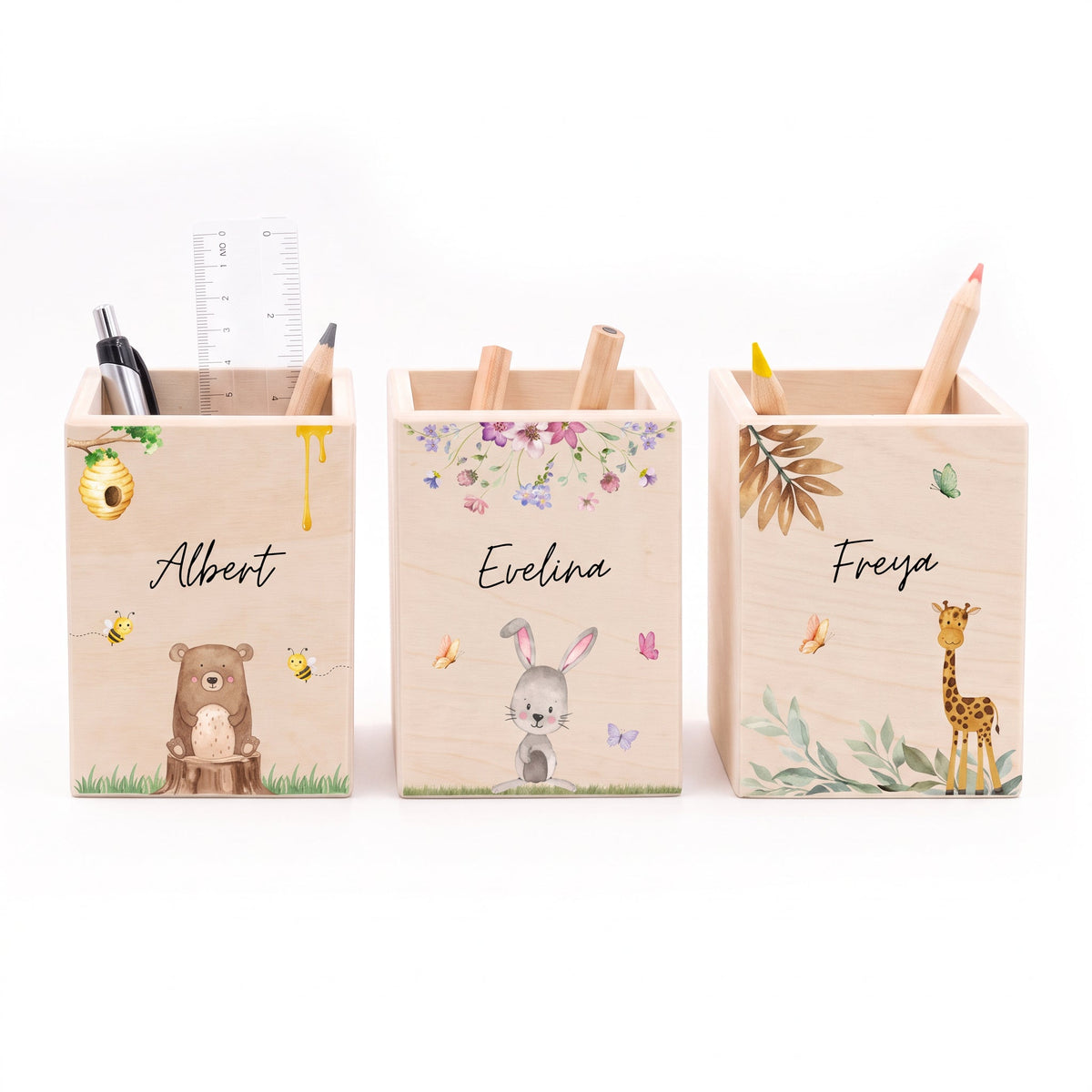 Stiftebecher Holz personalisiert - Tierischer Gartenzauber Aquarell - wunderwunsch