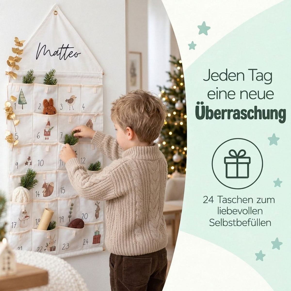 Stoff Adventskalender Haus personalisiert - Neutral - wunderwunsch