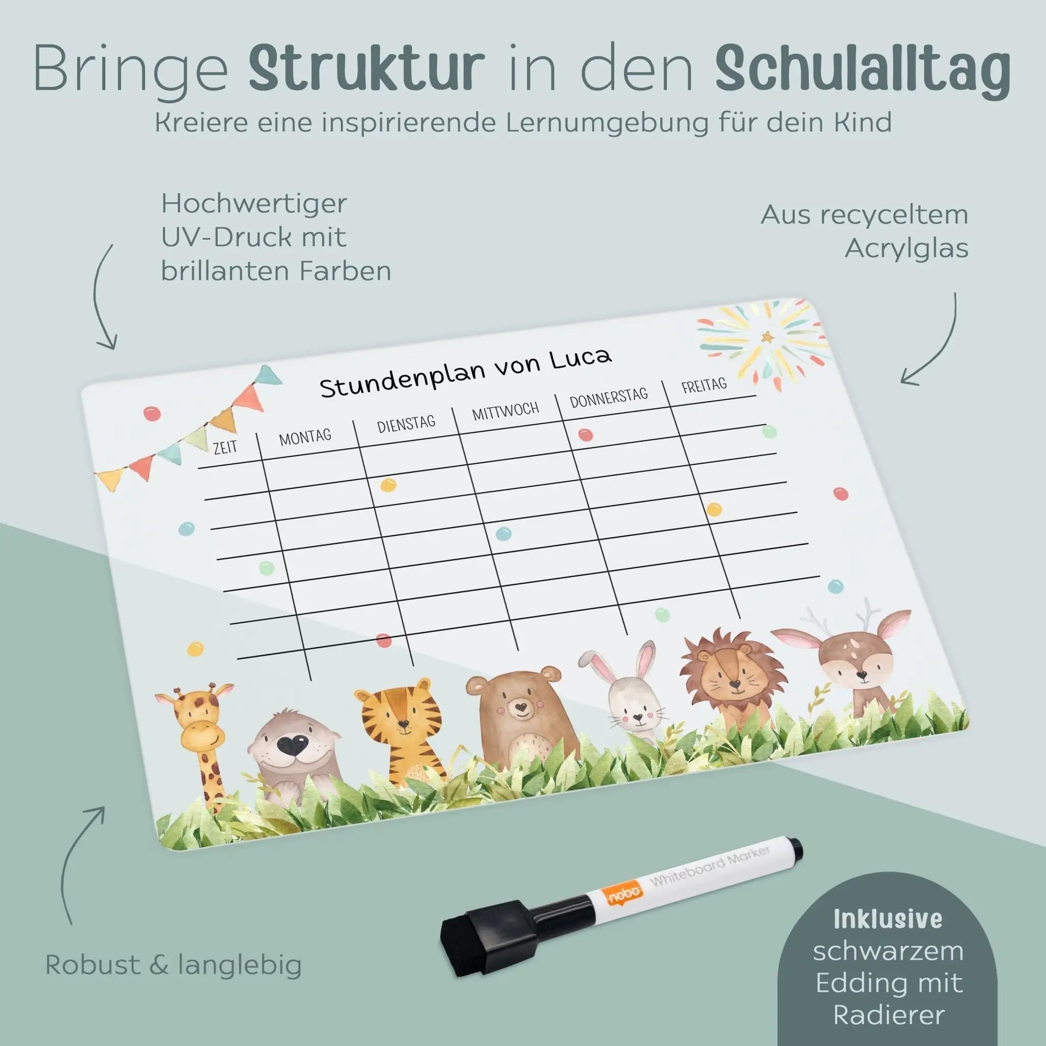 Stundenplan abwischbar personalisiert - Tiere unten Wiese - wunderwunsch