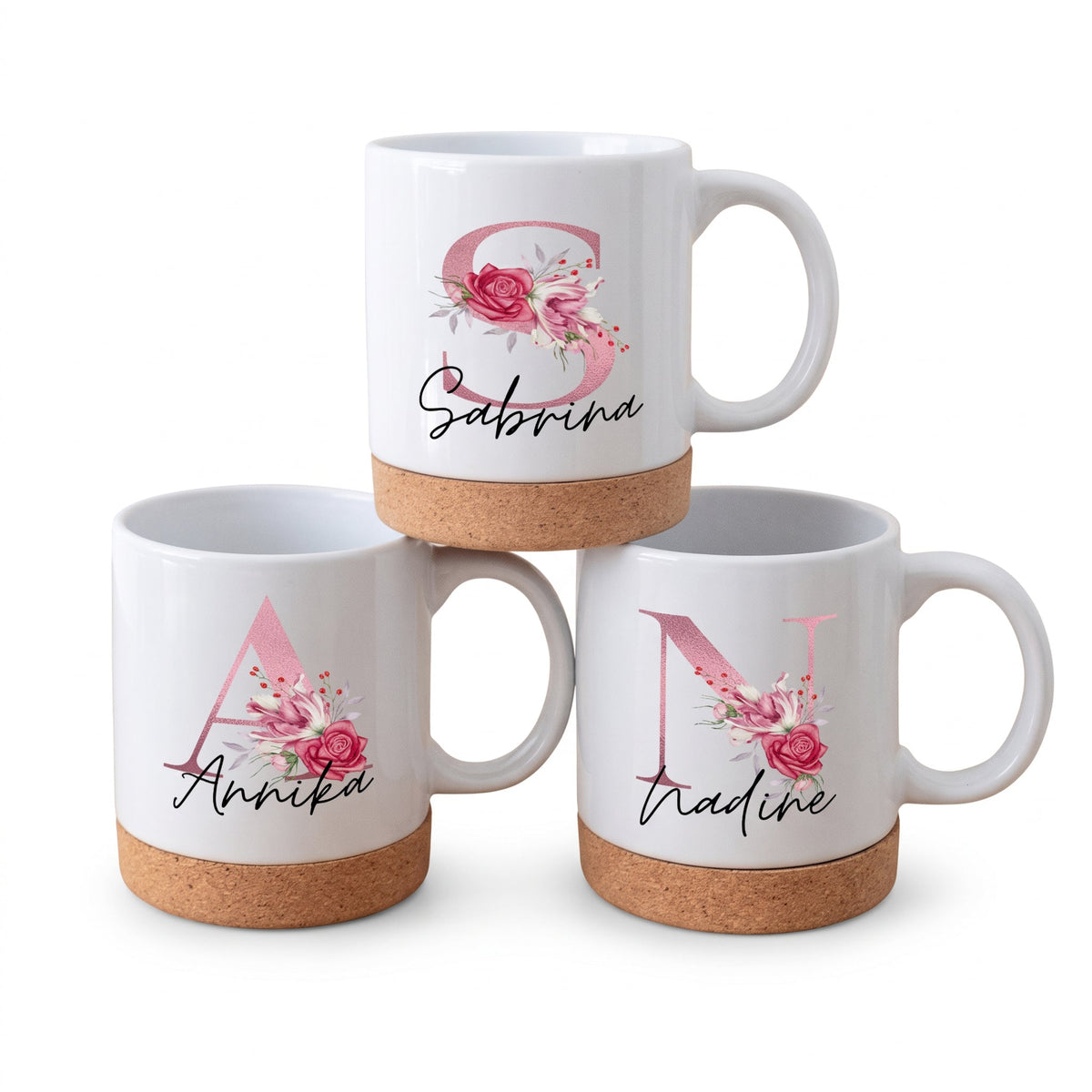 Tasse mit Korkboden - Initial Buchstabe Blumen - wunderwunsch