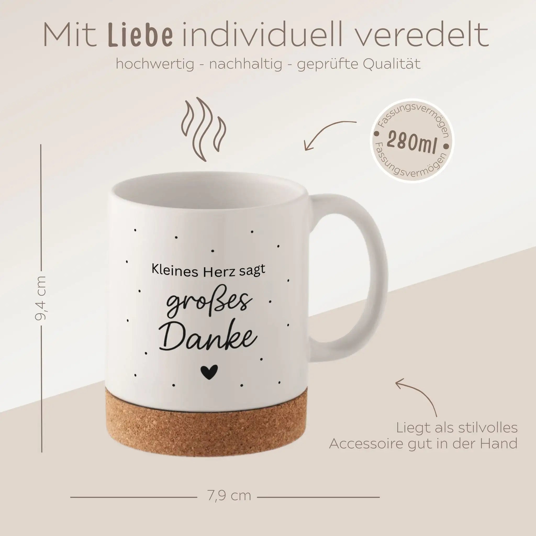 Tasse mit Korkboden - Kleines Herz sagt großes Danke - wunderwunsch
