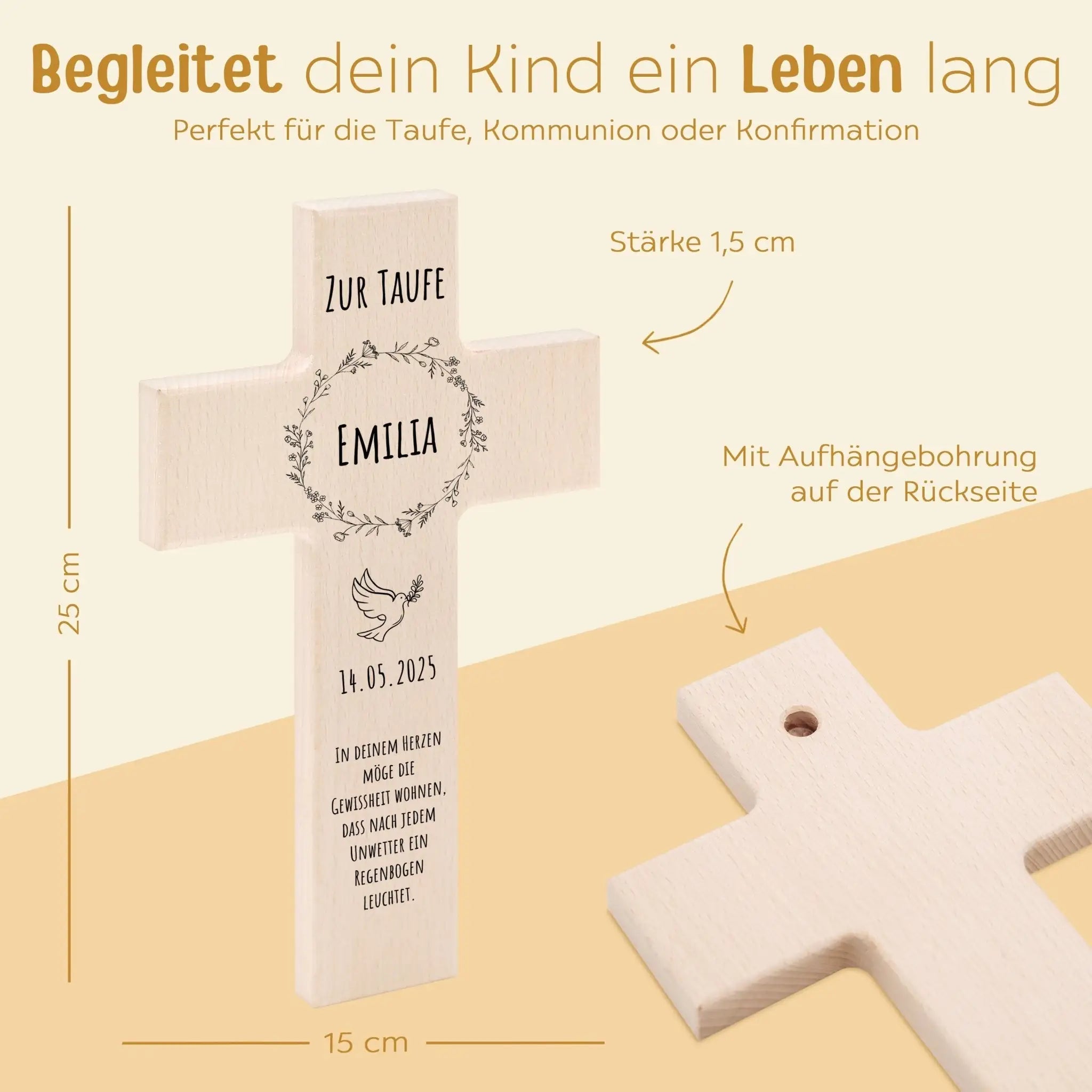 Taufkreuz aus Holz - Blumenkranz - wunderwunsch