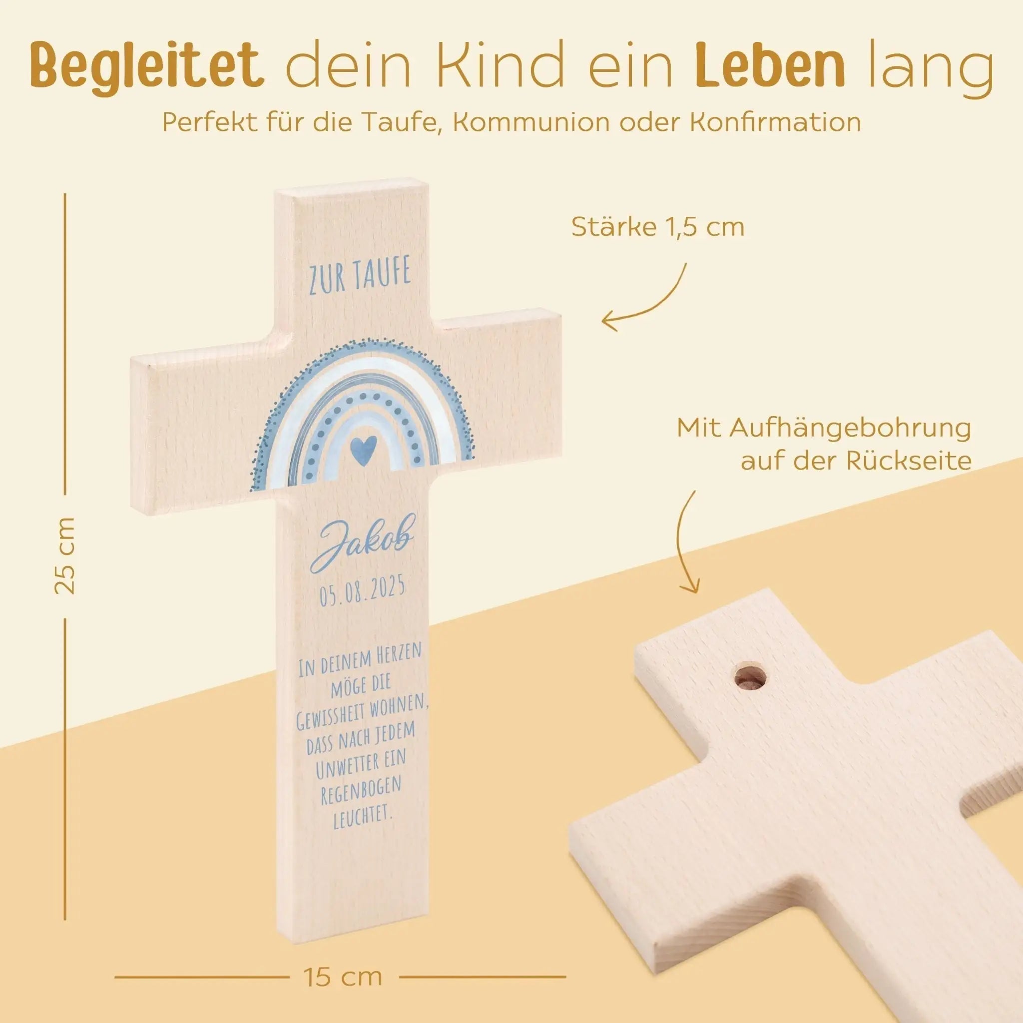 Taufkreuz aus Holz - Regenbogen Punkte Aquarell - wunderwunsch