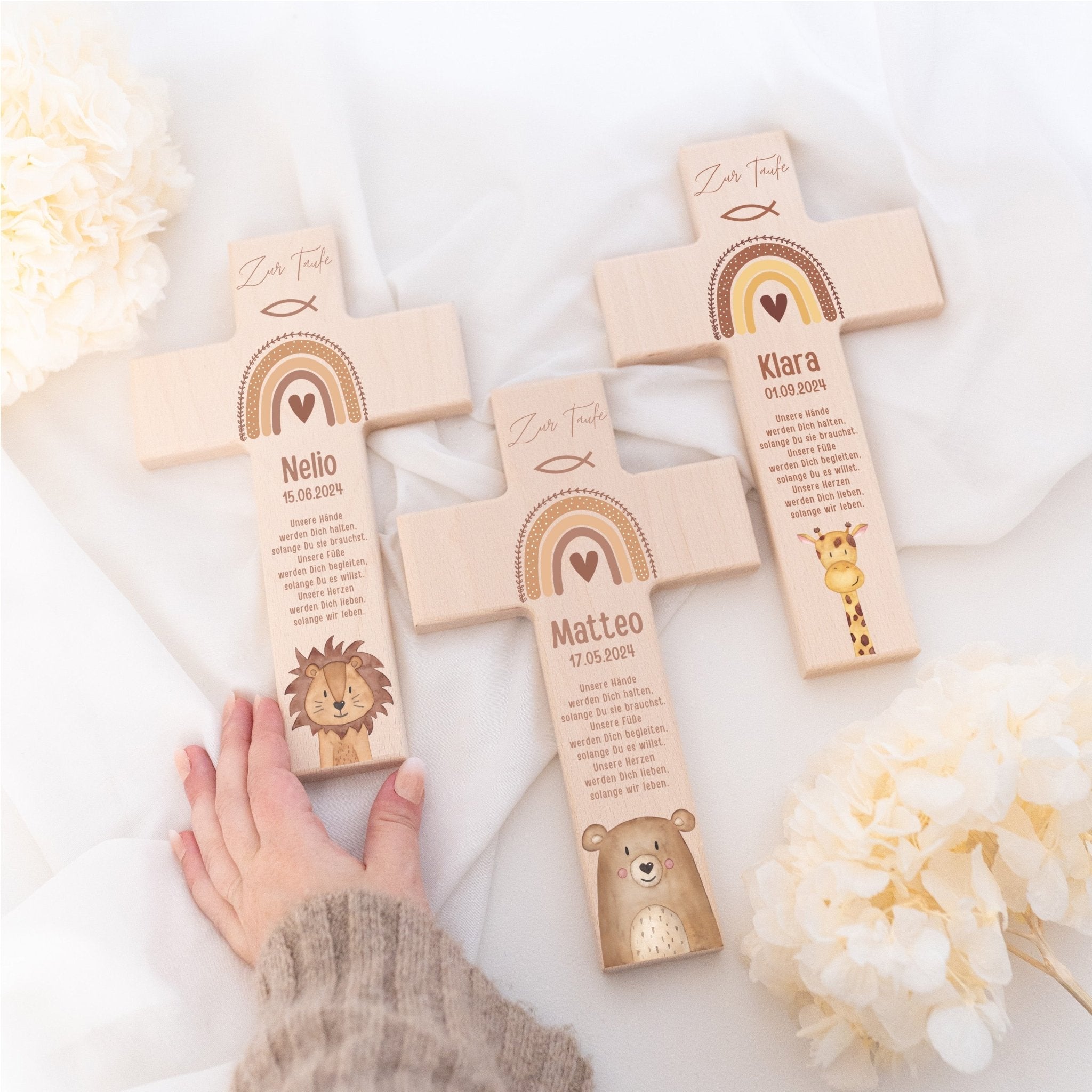 Taufkreuz aus Holz - Taufe Tier Aquarell - wunderwunsch