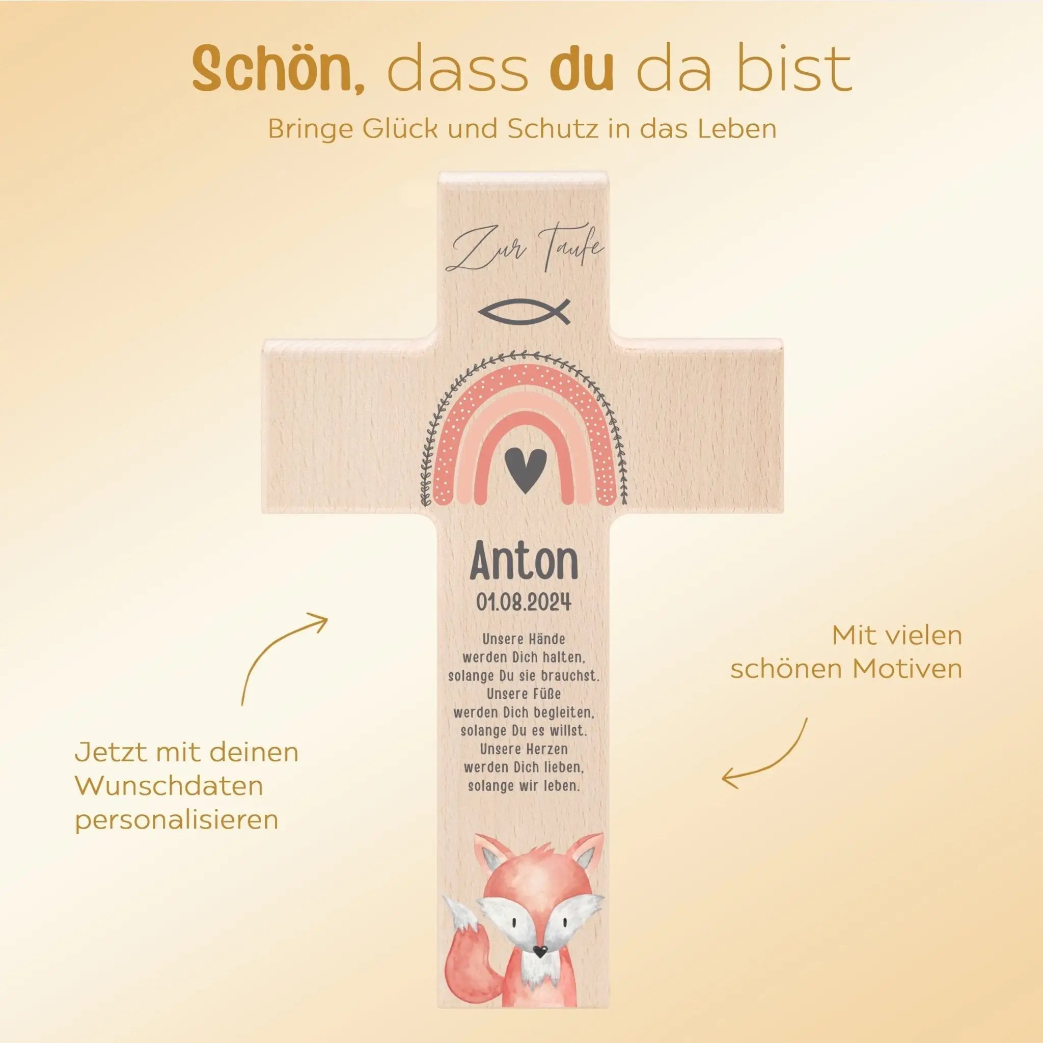 Taufkreuz aus Holz - Taufe Tier Aquarell - wunderwunsch