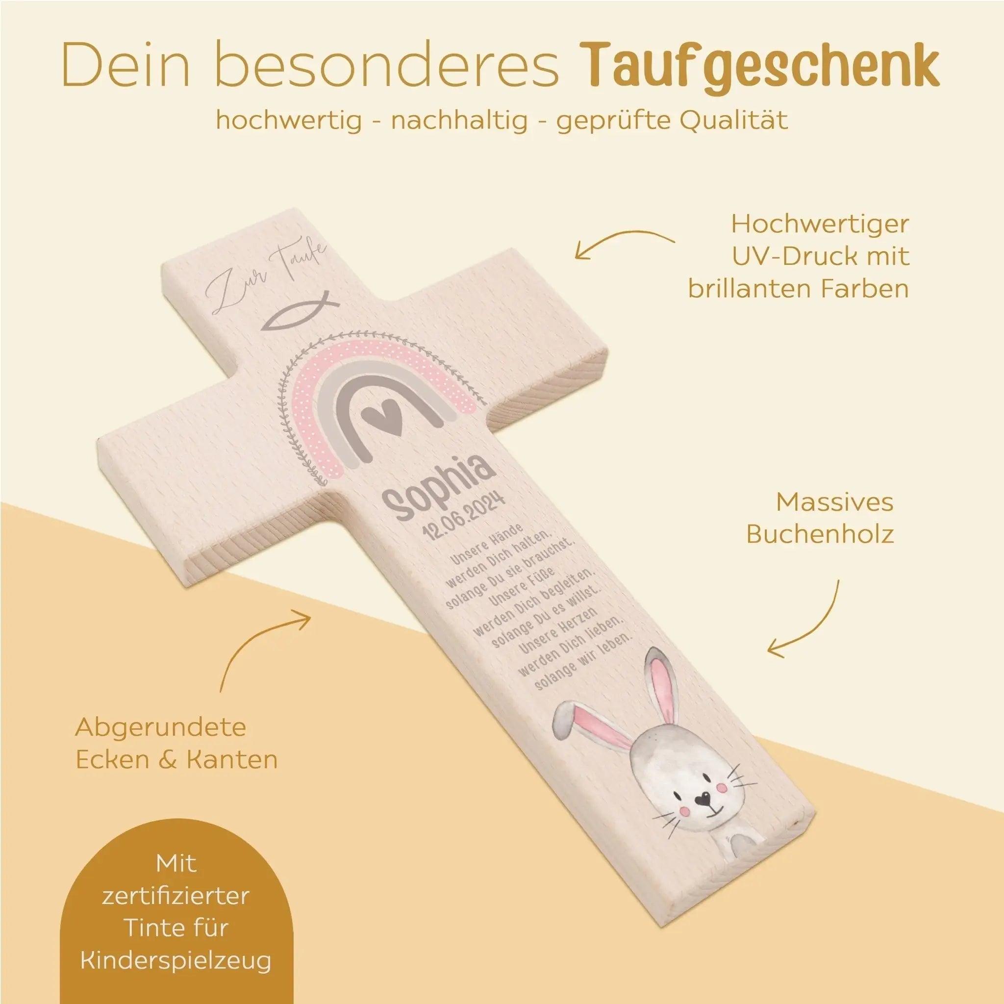Taufkreuz aus Holz - Taufe Tier Aquarell - wunderwunsch