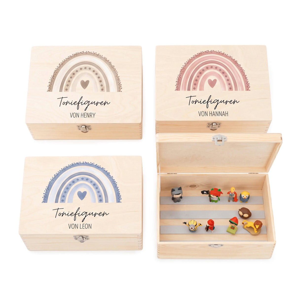 Toniefiguren Kiste Holz mit Magnetstreifen - Regenbogen Punkte Aquarell - wunderwunsch