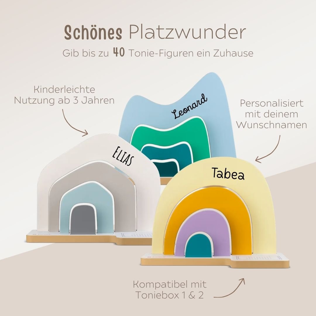 TONIES® Standregal personalisierbar - Regenbogen, Berg, Haus - wunderwunsch