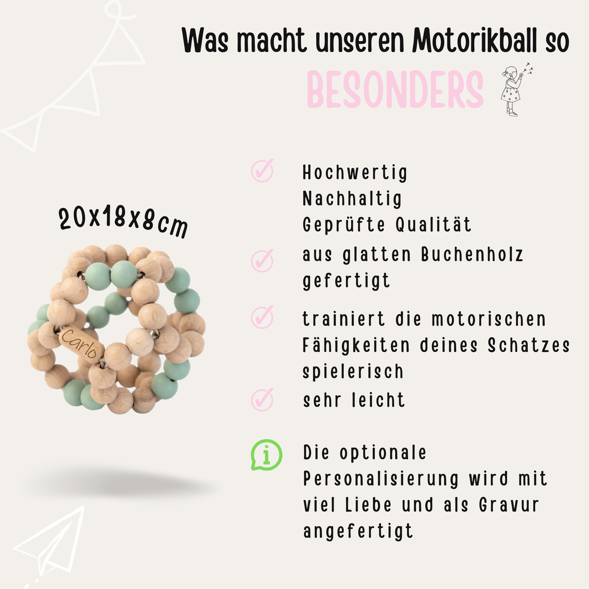 TRIXIE Holzperlenball personalisiert - mint, hellrosa und dunkelblau - wunderwunsch