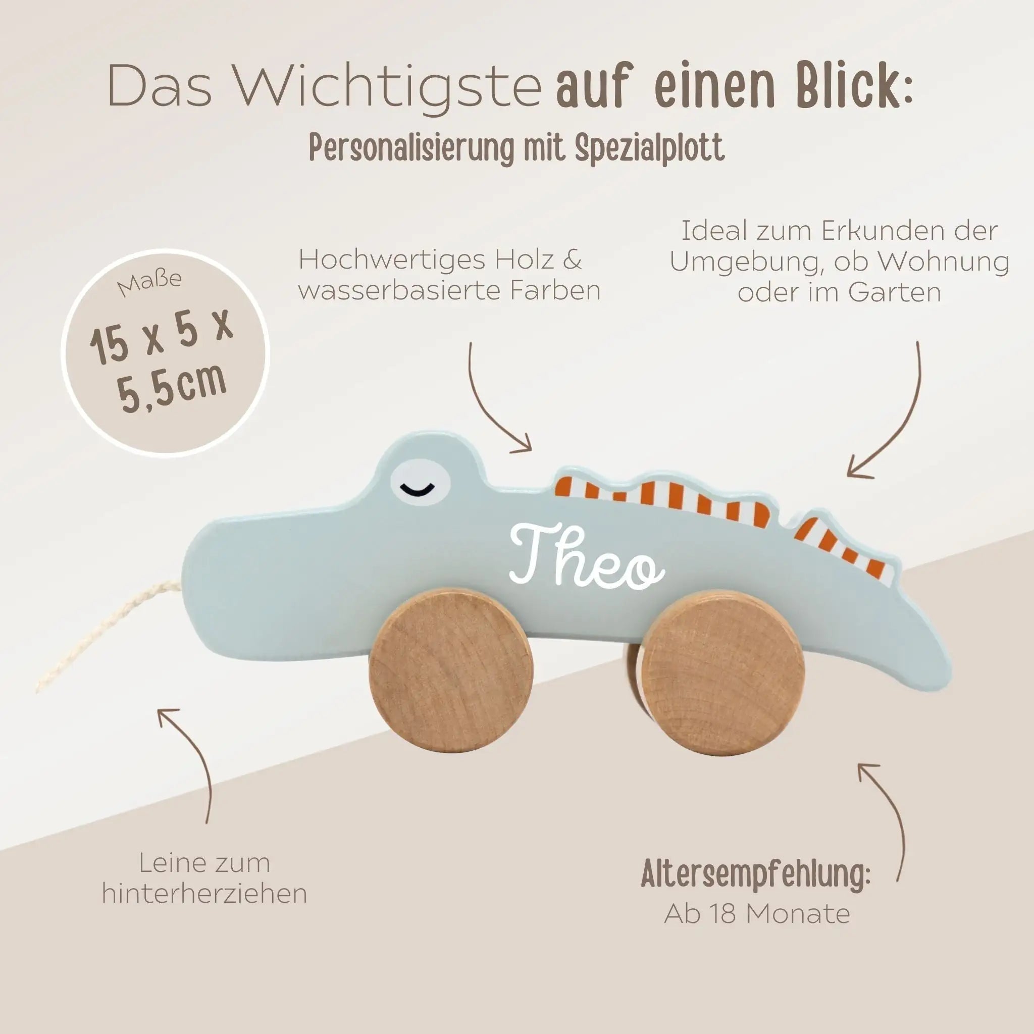 TRYCO Nachziehtier Krokodil Holz personalisierbar - wunderwunsch