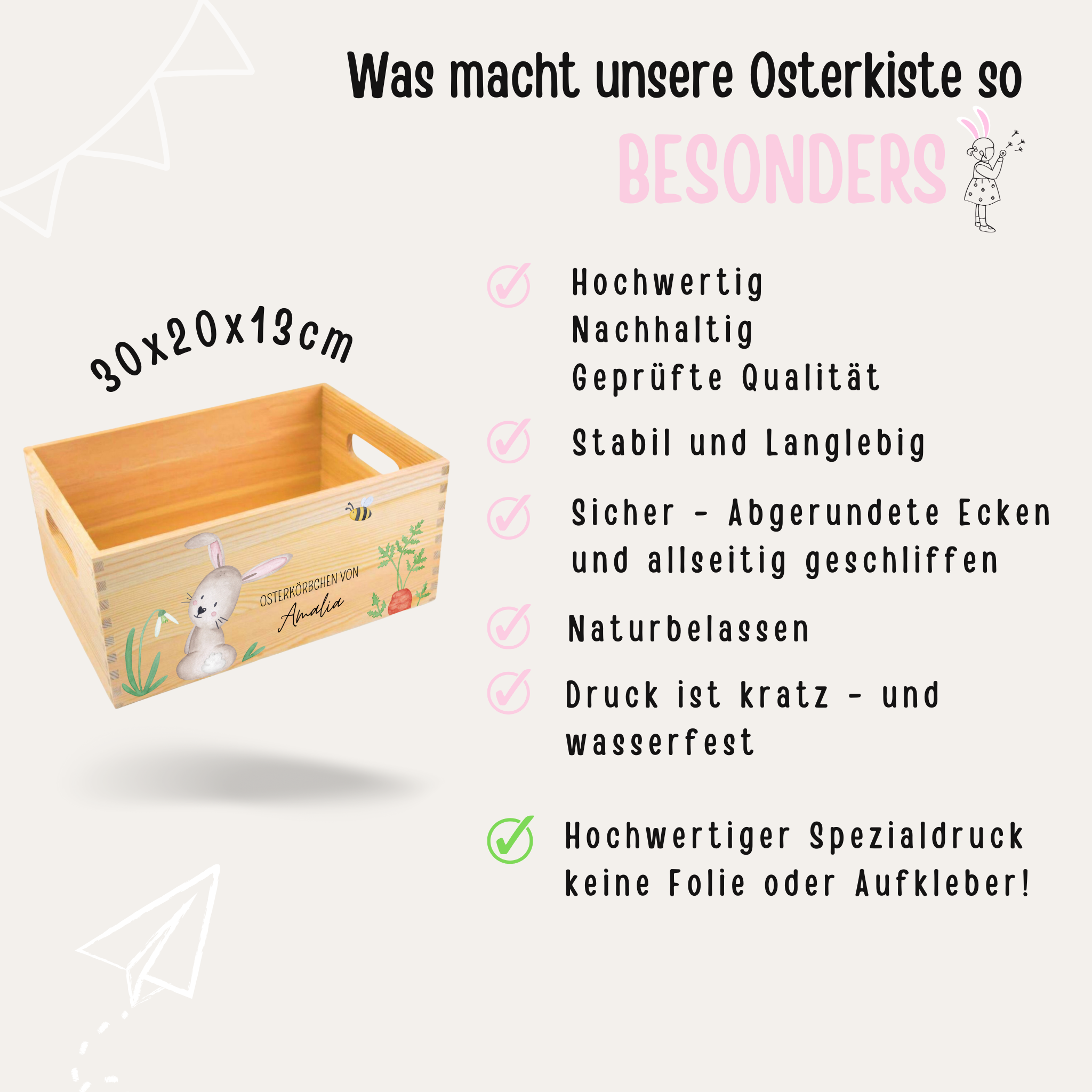 Osterkiste Holz personalisiert - Osterhase und Eiersuche Schreibschrift Aquarell