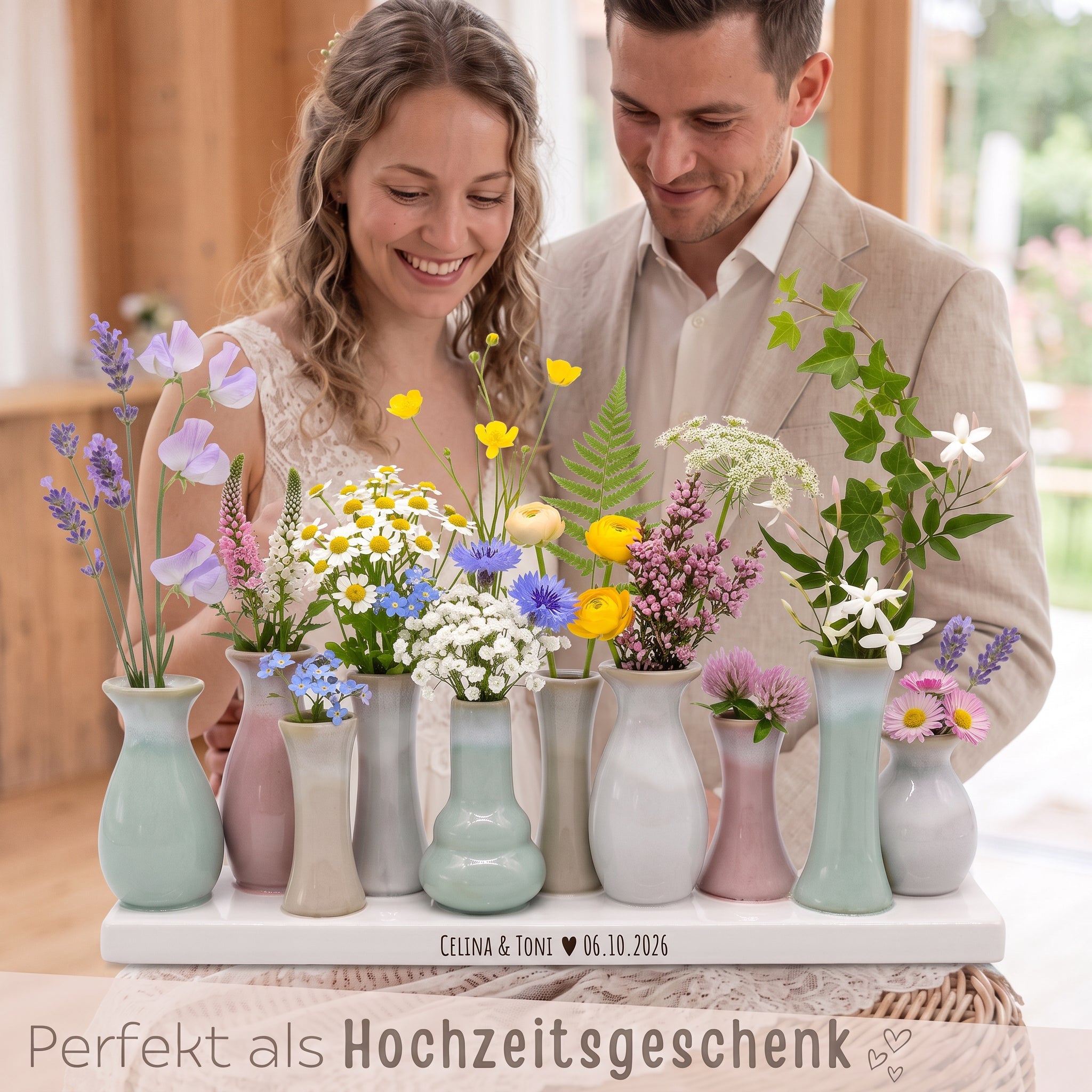 Väschen auf Tablett - Namen Datum - wunderwunsch