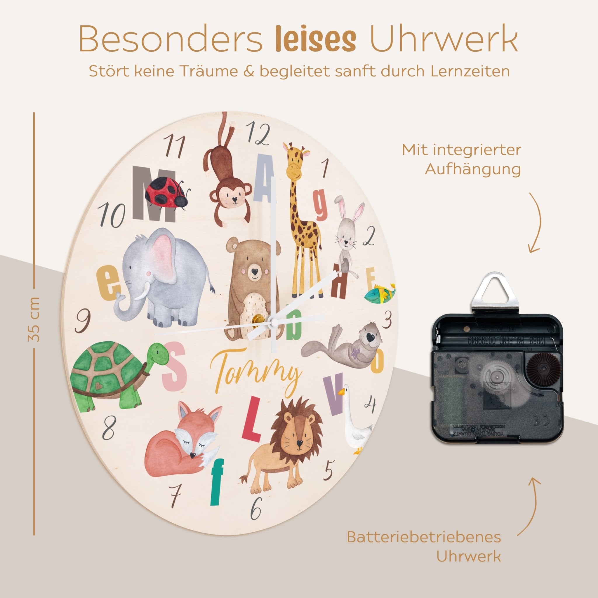 Wanduhr Kinder Holz personalisiert - Lernuhr Buchstaben Tiere - wunderwunsch