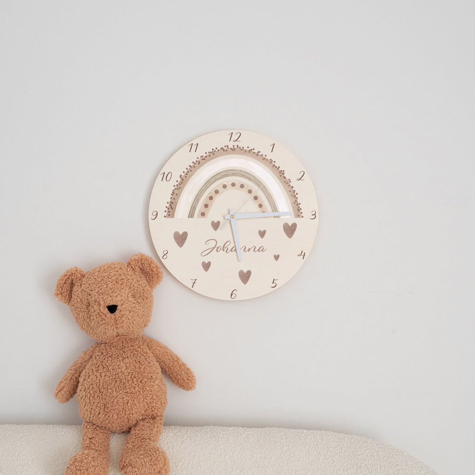 Wanduhr Kinder Holz personalisiert - Regenbogen Punkte Aquarell - wunderwunsch