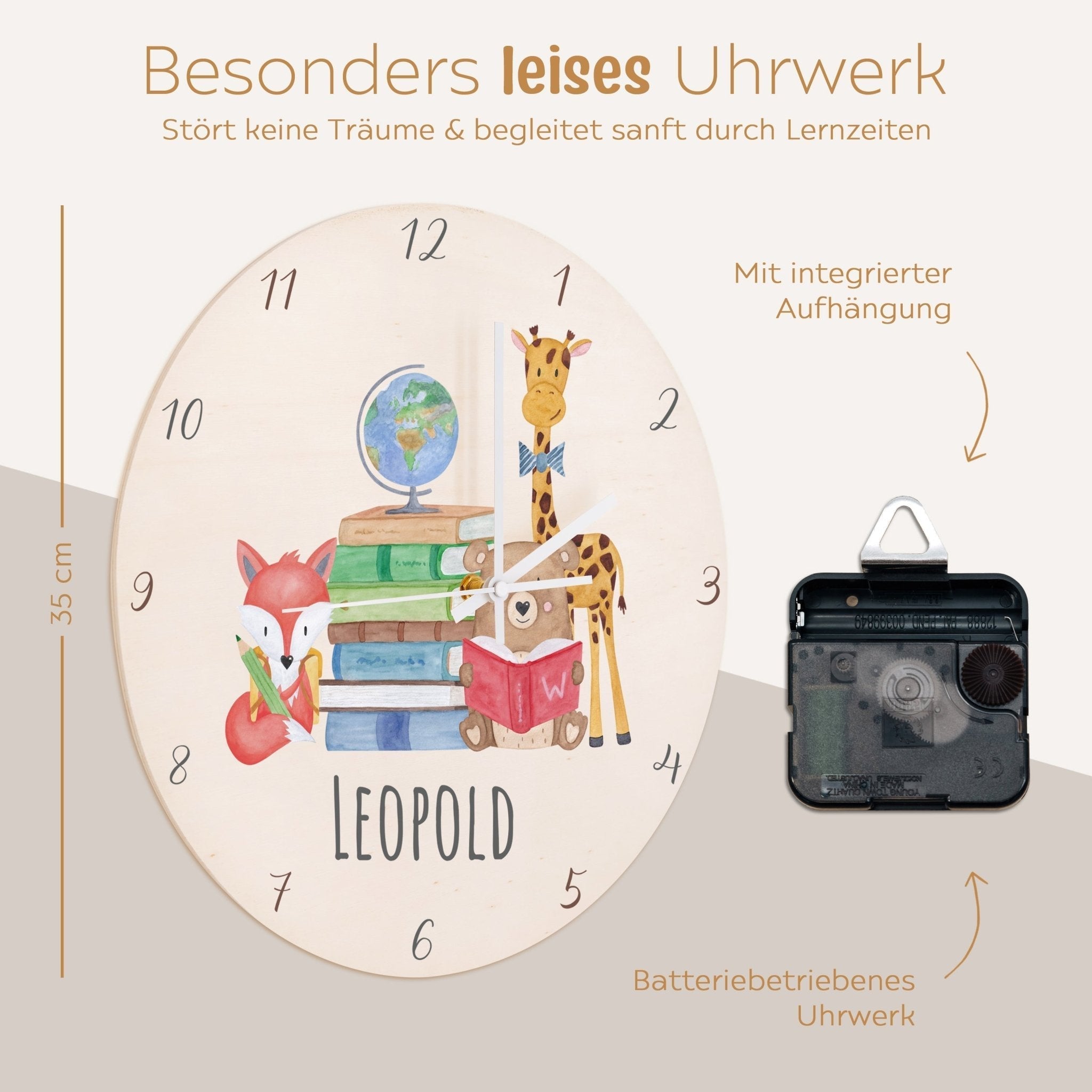 Wanduhr Kinder Holz personalisiert - Schule Tiere - wunderwunsch