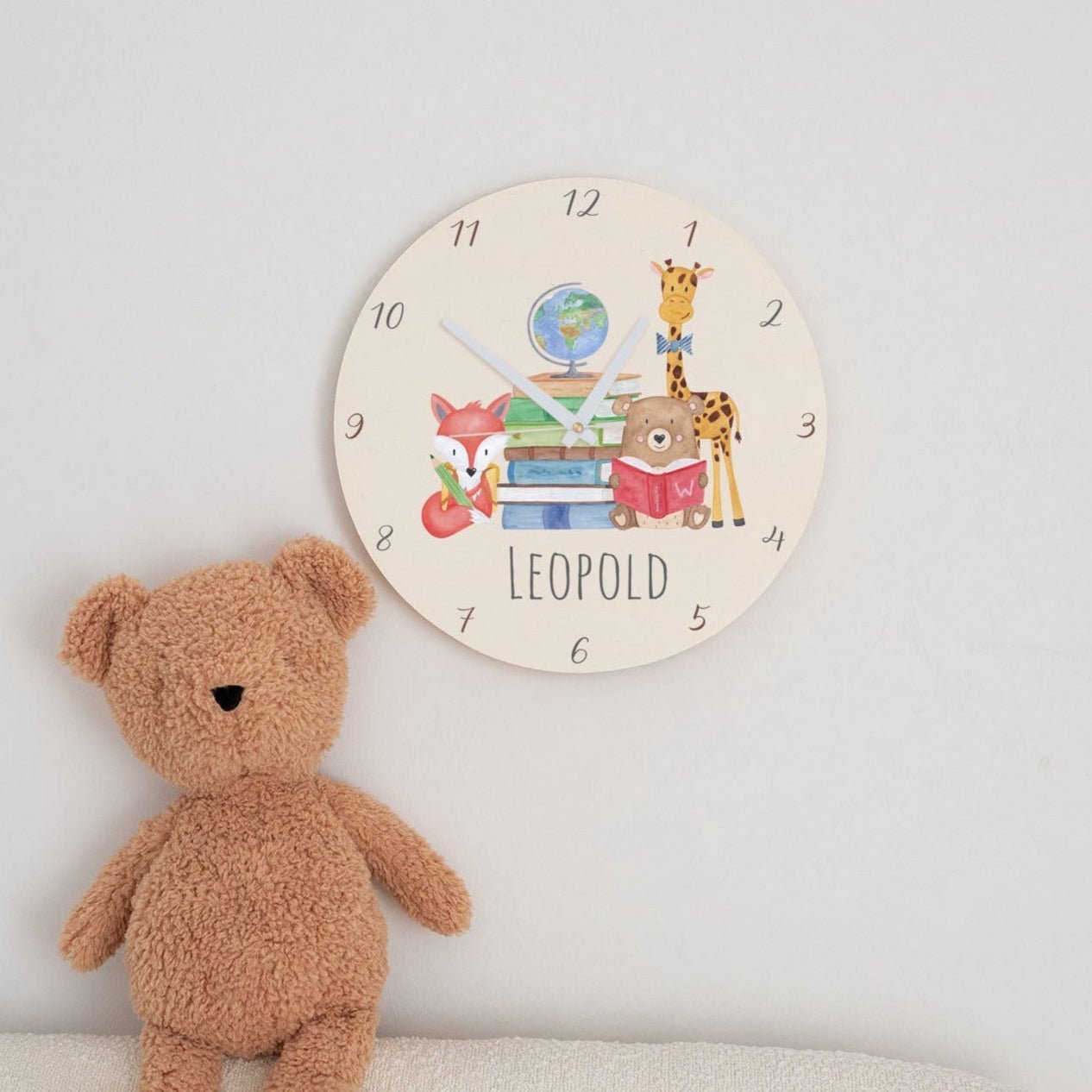 Wanduhr Kinder Holz personalisiert - Schule Tiere - wunderwunsch