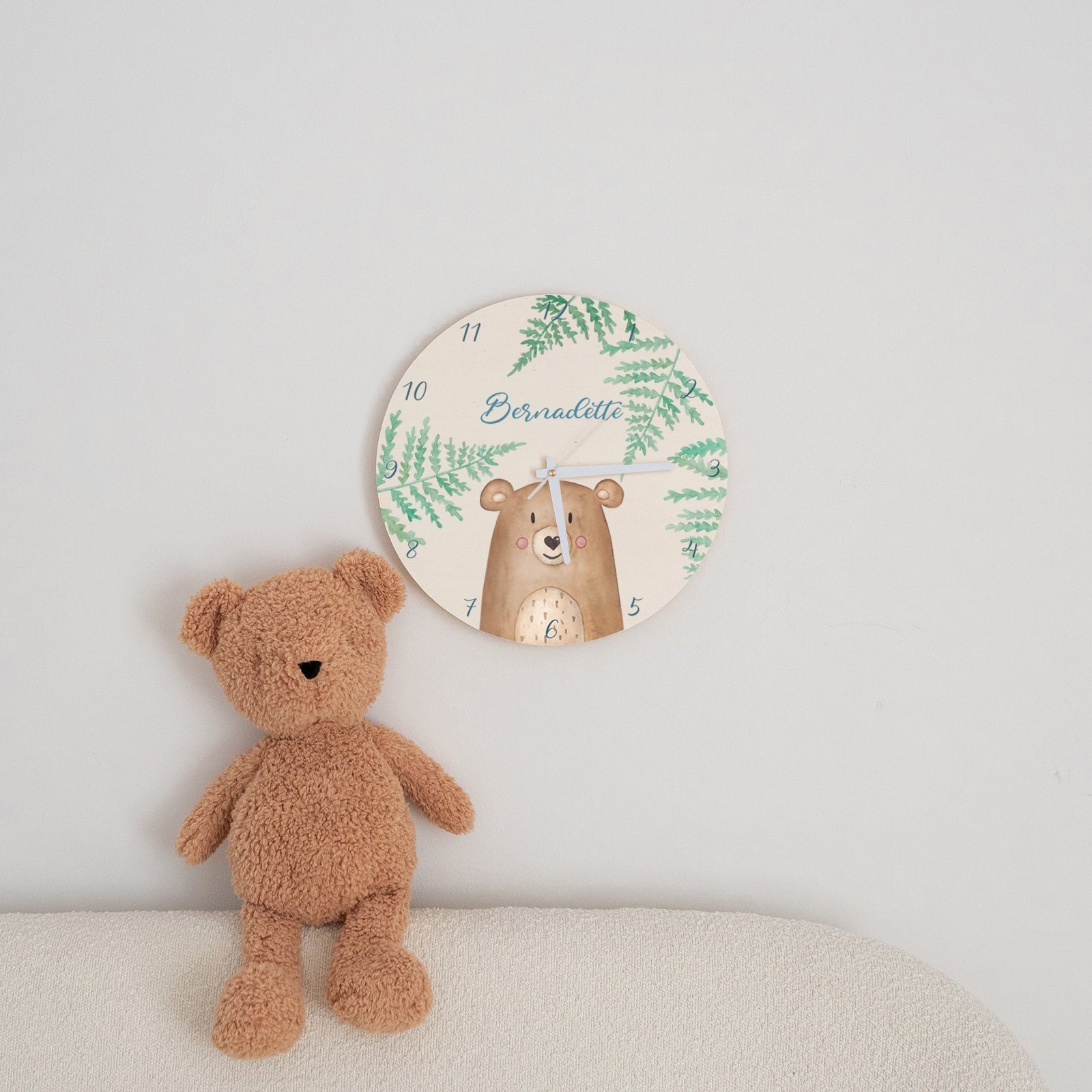 Wanduhr Kinder Holz personalisiert - Tier Farne Aquarell - wunderwunsch