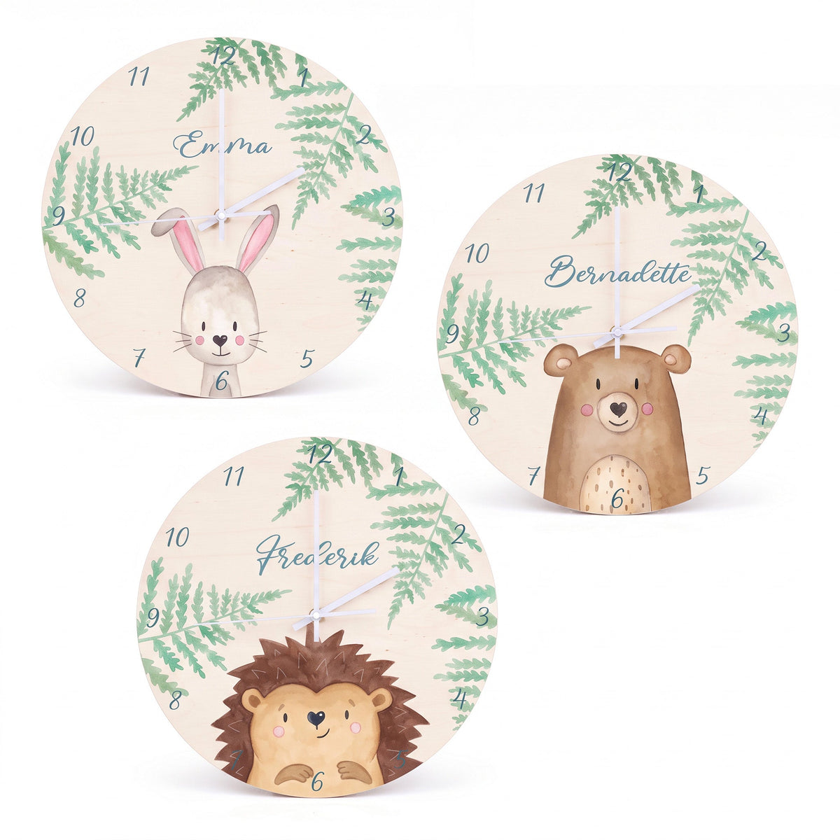 Wanduhr Kinder Holz personalisiert - Tier Farne Aquarell - wunderwunsch