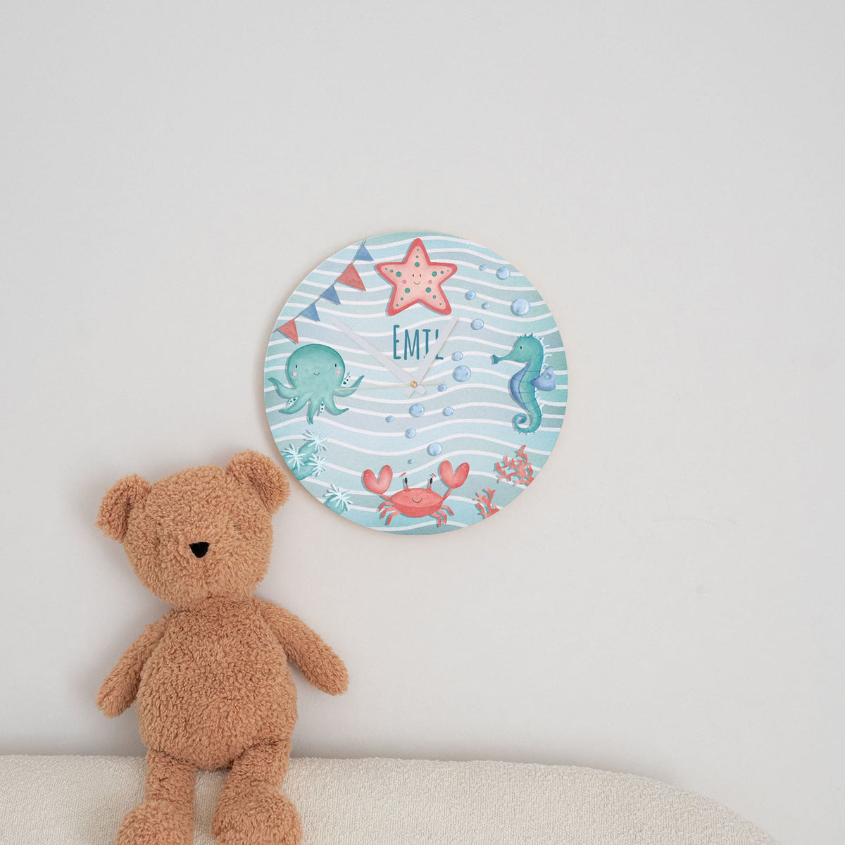 Wanduhr Kinder Holz personalisiert - Unterwassertiere - wunderwunsch