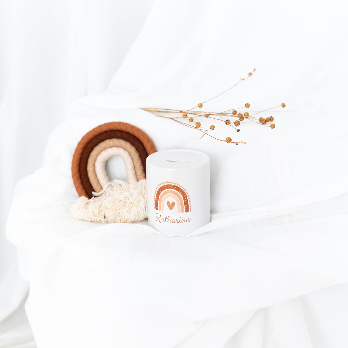 Spardose Keramik personalisiert - Regenbogen beige Aquarell