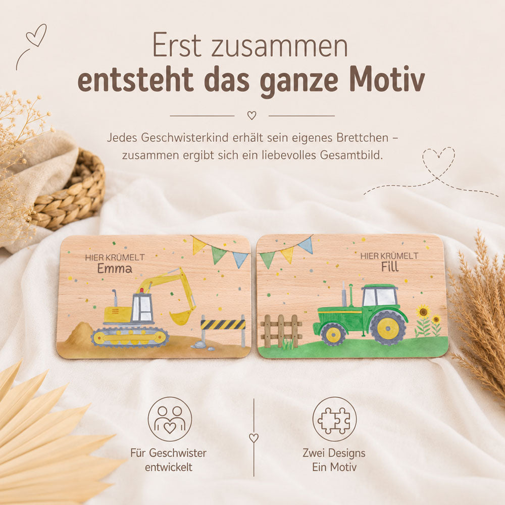 Frühstücksbrettchen Geschwister personalisiert - Fahrzeuge