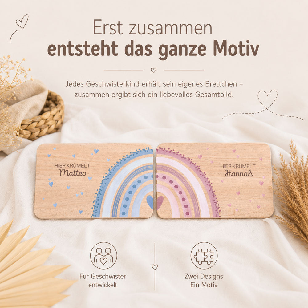 Frühstücksbrettchen Geschwister personalisiert - Regenbogen