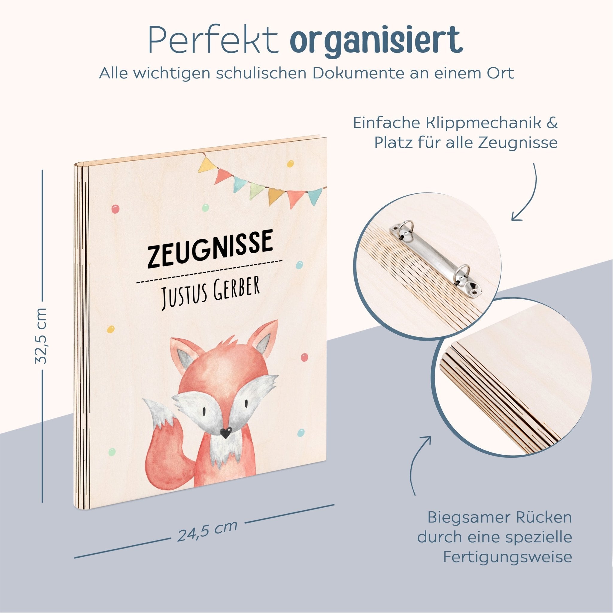 Zeugnismappe Holz personalisiert - Tier Girlande Aquarell - wunderwunsch
