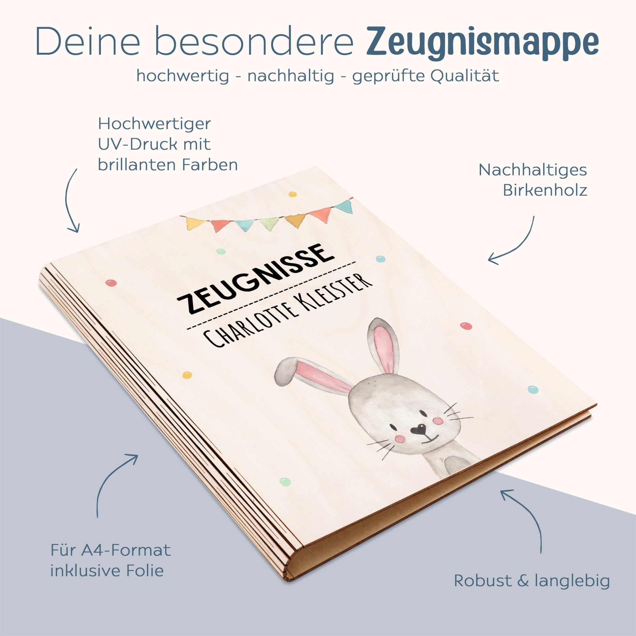 Zeugnismappe Holz personalisiert - Tier Girlande Aquarell - wunderwunsch