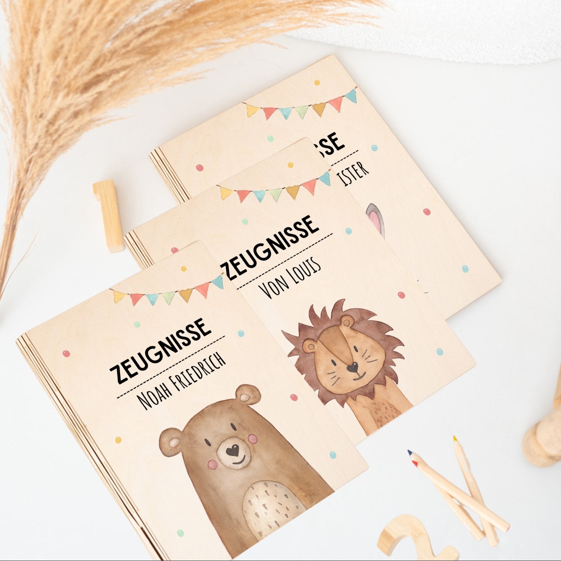 Zeugnismappe Holz personalisiert - Tier Girlande Aquarell - wunderwunsch